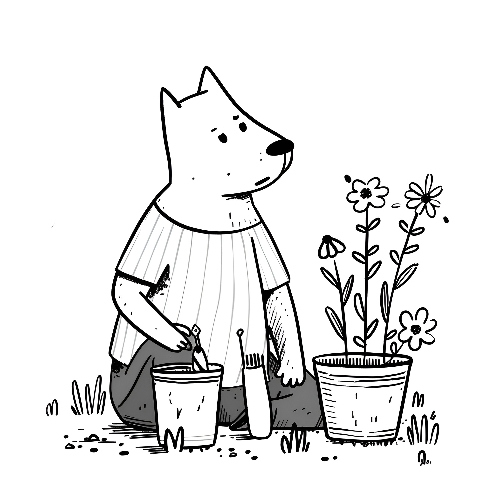 Easy Dog Gardening with Flowers Drawing Idea (free black-and-white line drawing printable PDF for all, from beginners to advanced learners, including children, teens, adults, and seniors)