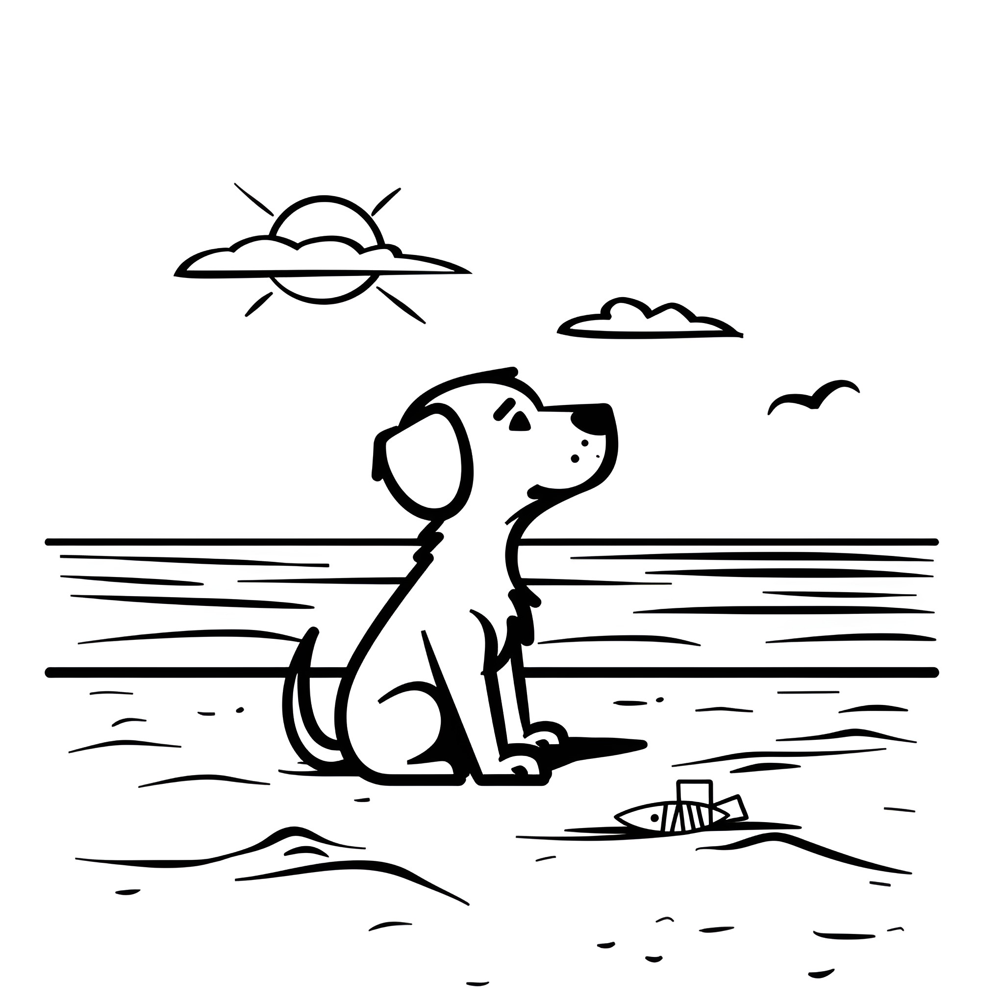Dog waiting by the beach Drawing Idea (free black-and-white line drawing printable PDF for all, from beginners to advanced learners, including children, teens, adults, and seniors)
