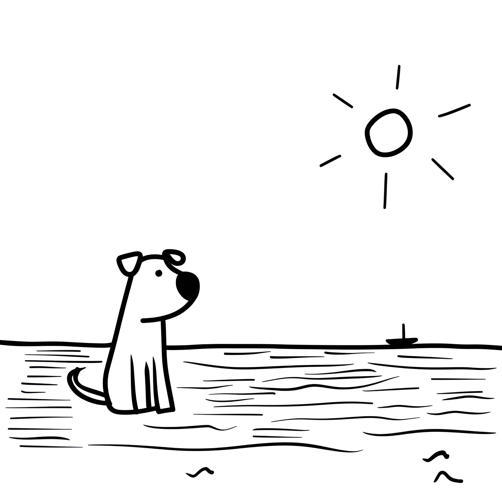Dog relaxing by the sea Drawing Idea (free black-and-white line drawing printable PDF for all, from beginners to advanced learners, including children, teens, adults, and seniors)