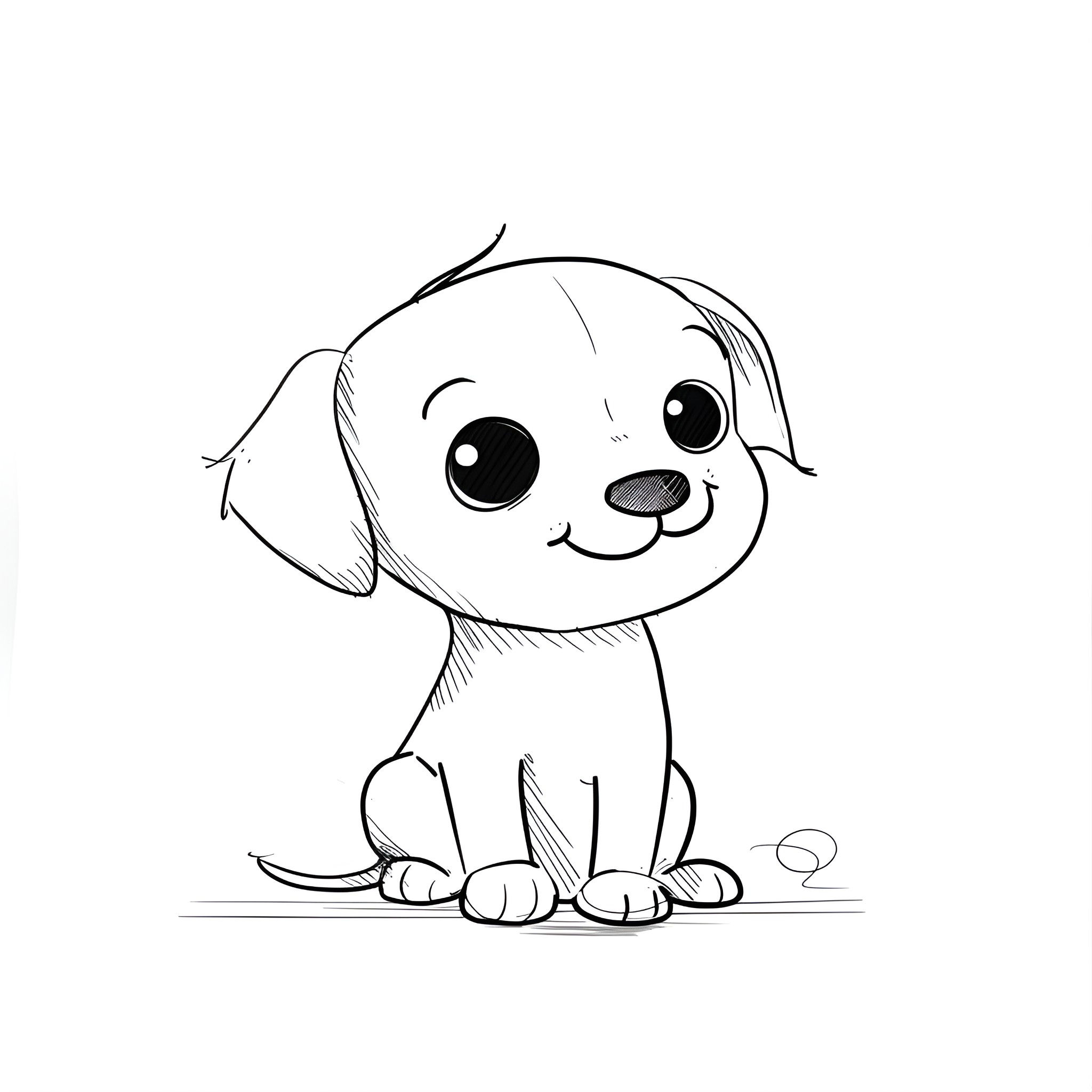 Dog sitting cutely on the floor Drawing Idea (free black-and-white line drawing printable PDF for all, from beginners to advanced learners, including children, teens, adults, and seniors)