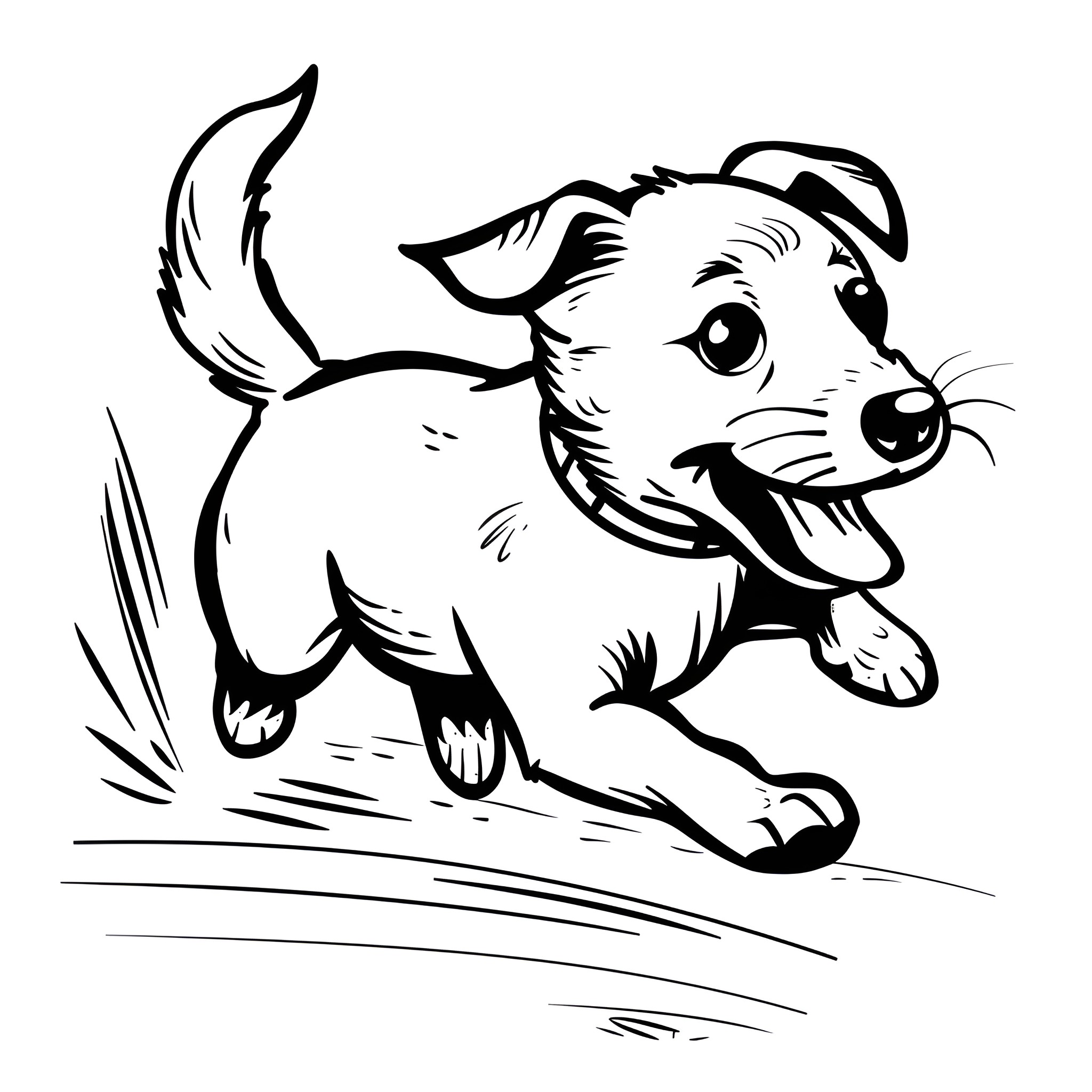 Dog running happily outdoors Drawing Idea (free black-and-white line drawing printable PDF for all, from beginners to advanced learners, including children, teens, adults, and seniors)