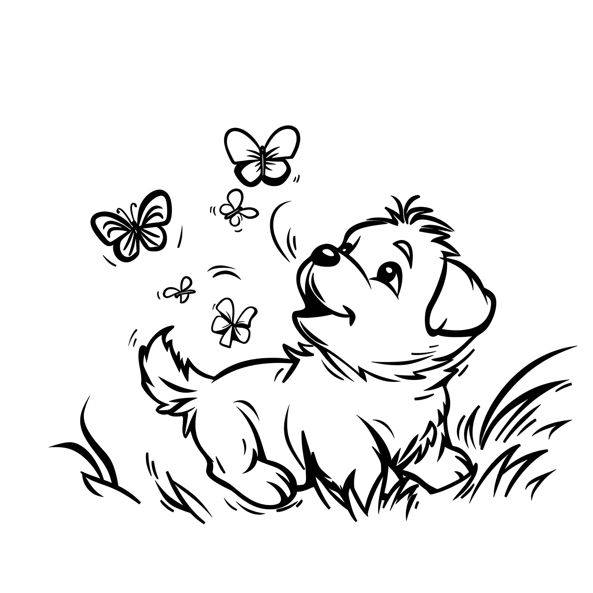 Cute puppy playfully chasing butterflies Drawing Idea (free black-and-white line drawing printable PDF for all, from beginners to advanced learners, including children, teens, adults, and seniors)