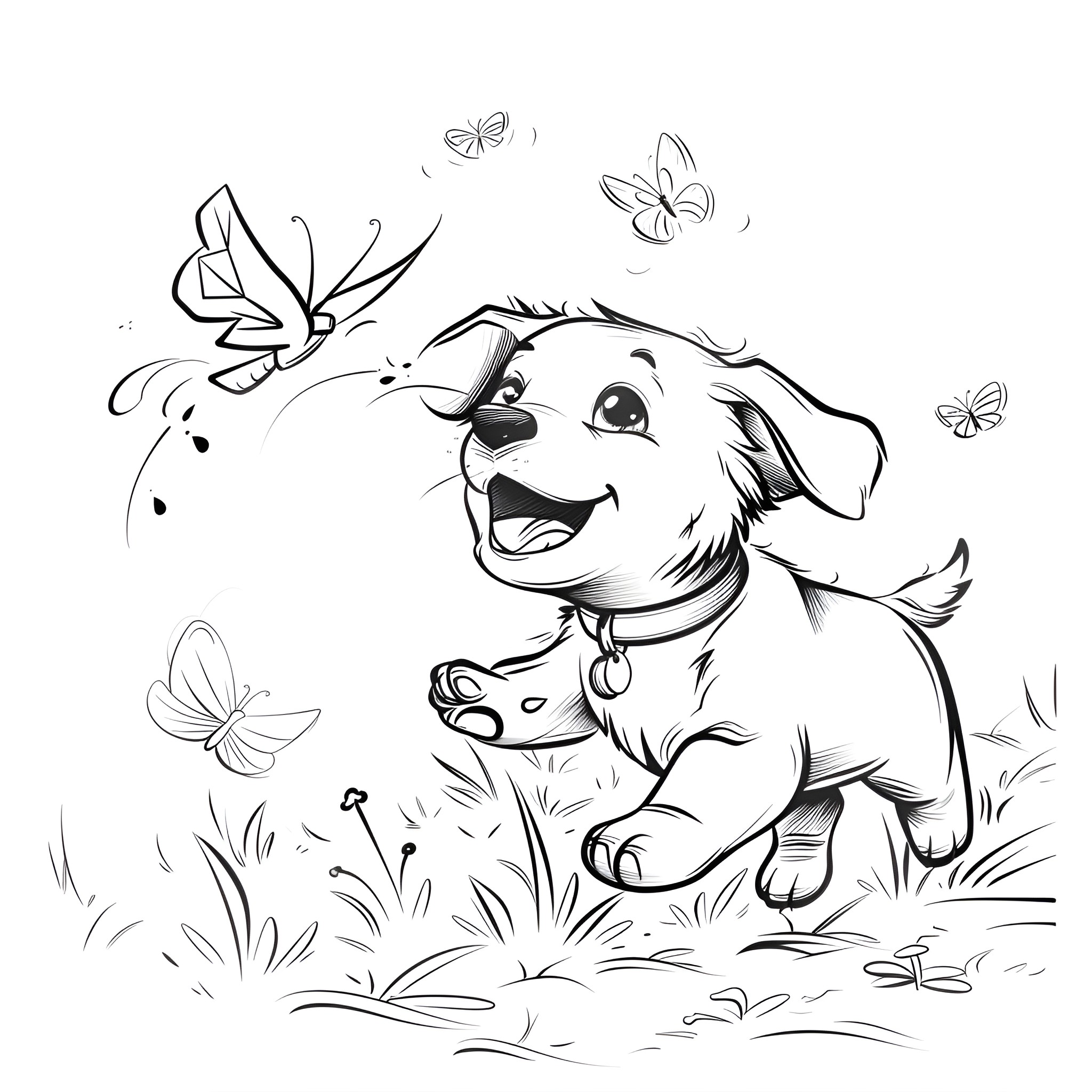 Cute puppy playing with butterflies Drawing Idea (free black-and-white line drawing printable PDF for all, from beginners to advanced learners, including children, teens, adults, and seniors)