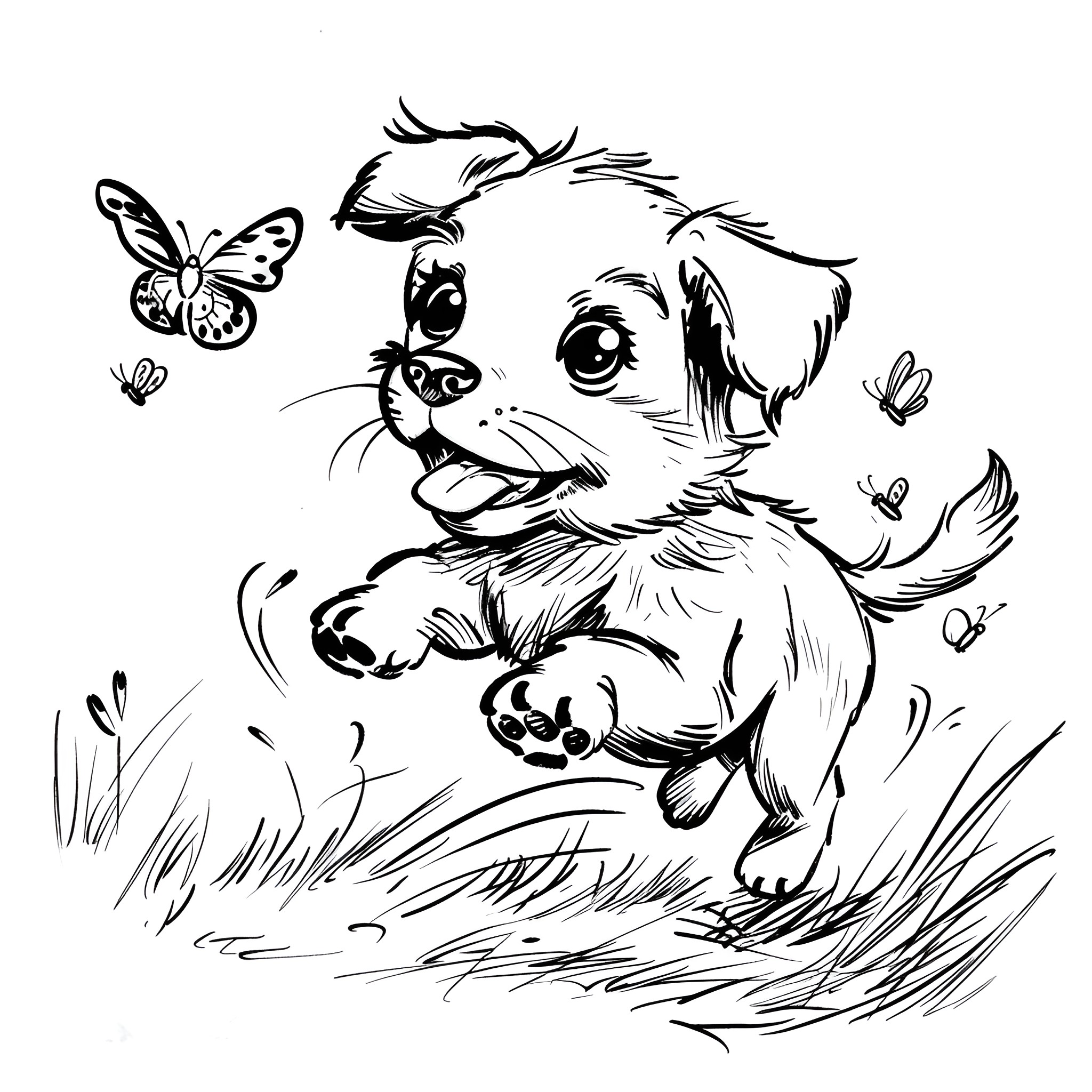 Cute puppy chasing butterflies Drawing Idea (free black-and-white line drawing printable PDF for all, from beginners to advanced learners, including children, teens, adults, and seniors)