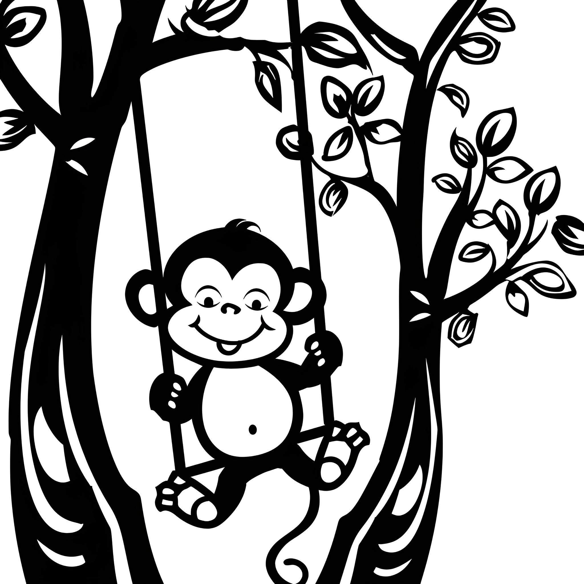 Cute Playful Monkey on a Swing Drawing Idea (free black-and-white line drawing printable PDF for all, from beginners to advanced learners, including children, teens, adults, and seniors)
