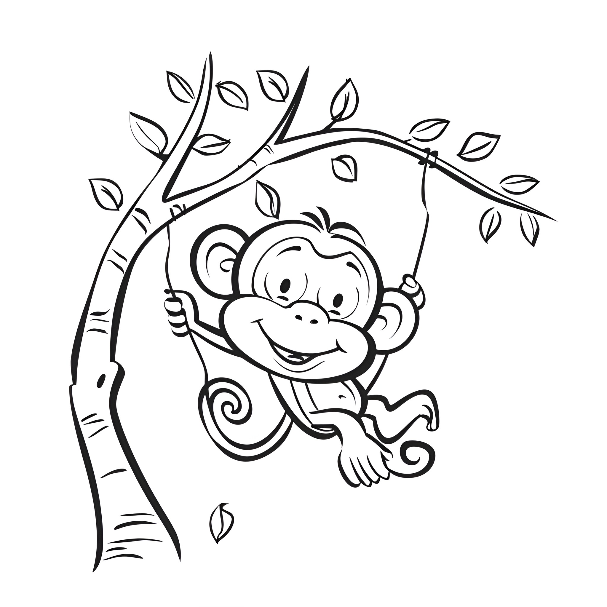 Cute playful monkey on swing Drawing Idea (free black-and-white line drawing printable PDF for all, from beginners to advanced learners, including children, teens, adults, and seniors)