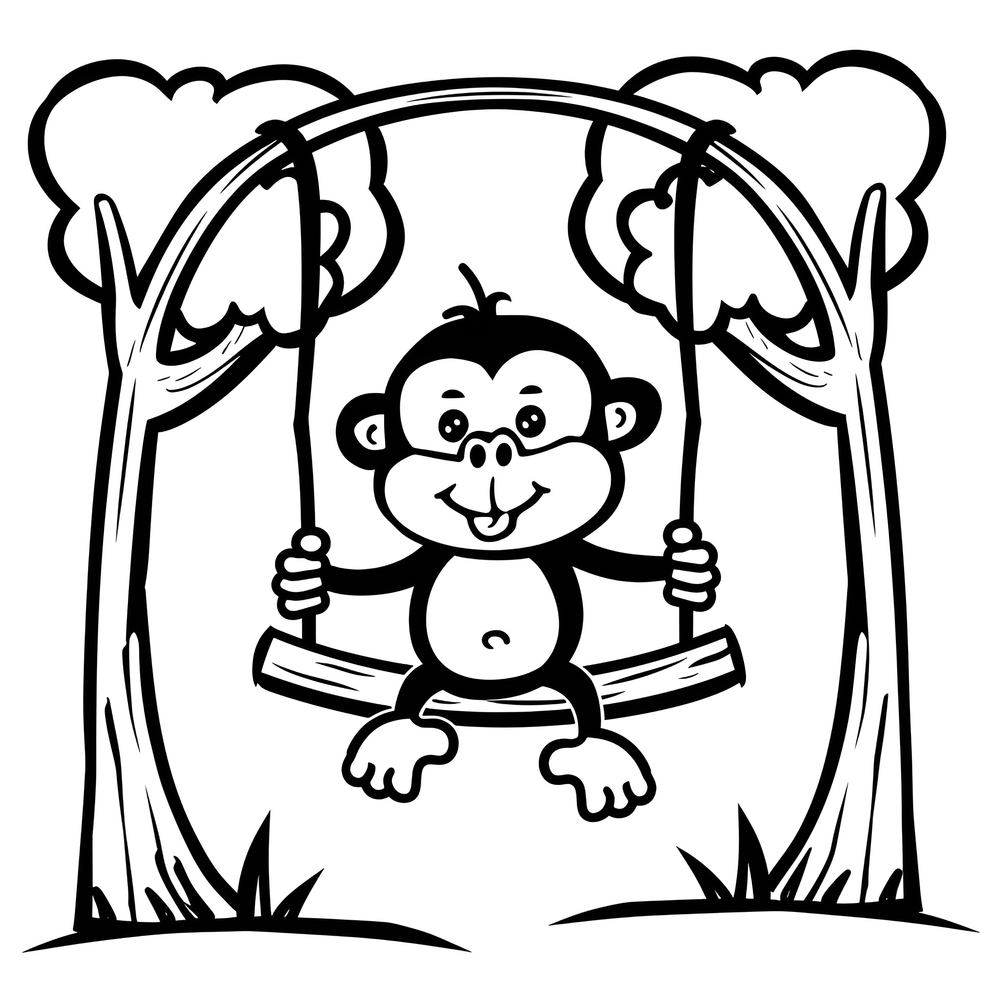 Cute monkey swinging on a tree branch Drawing Idea (free black-and-white line drawing printable PDF for all, from beginners to advanced learners, including children, teens, adults, and seniors)