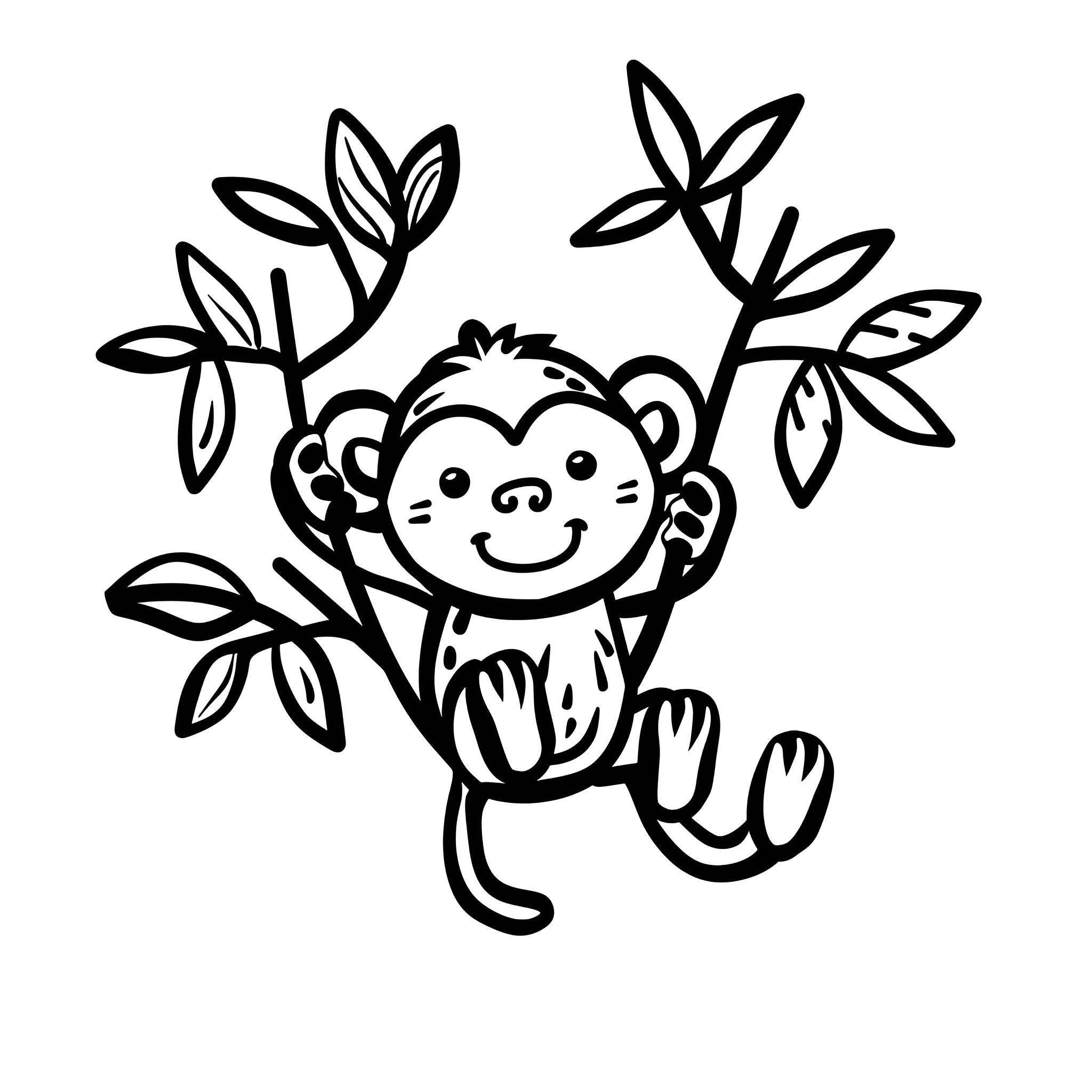 Cute Playful Monkey in Nature Drawing Idea (free black-and-white line drawing printable PDF for all, from beginners to advanced learners, including children, teens, adults, and seniors)