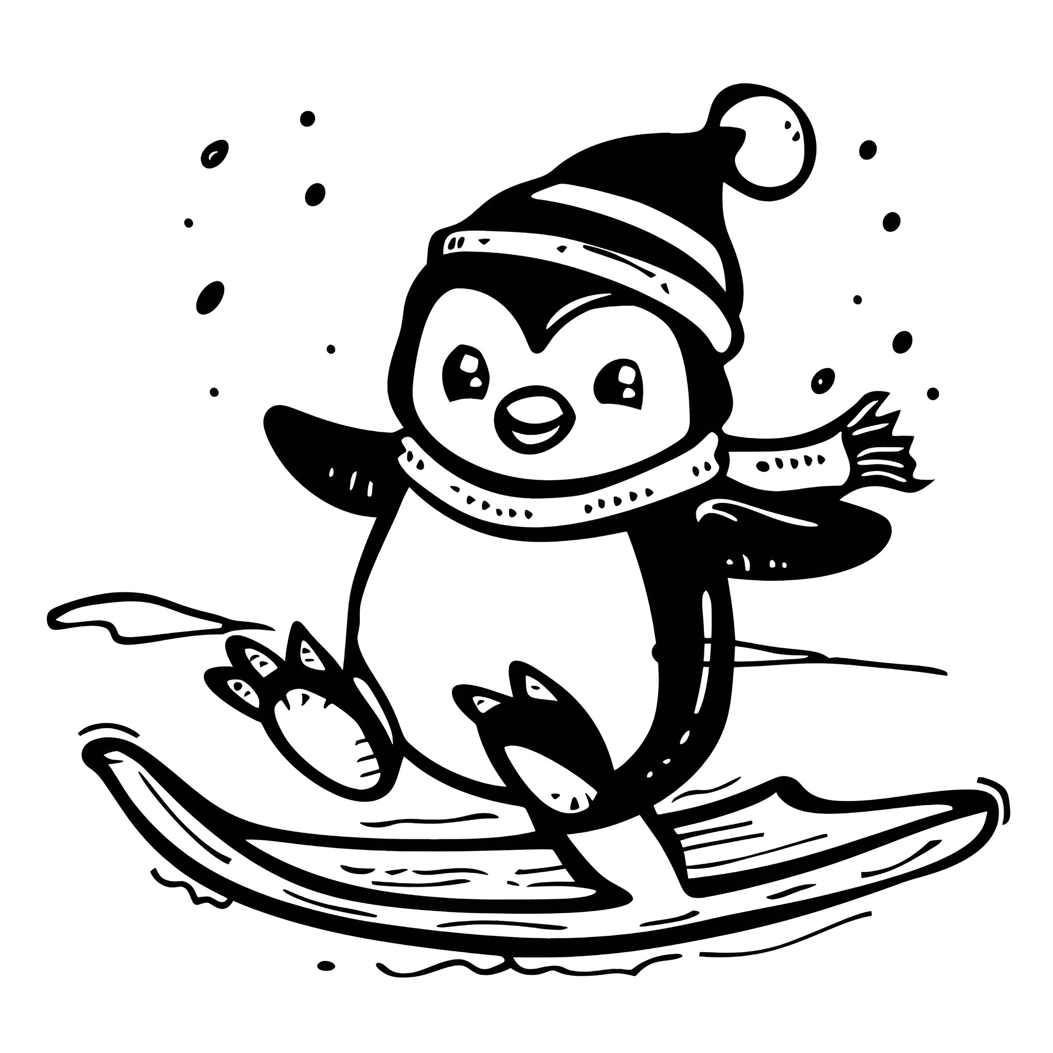 Cute penguin sledding in winter Drawing Idea (free black-and-white line drawing printable PDF for all, from beginners to advanced learners, including children, teens, adults, and seniors)