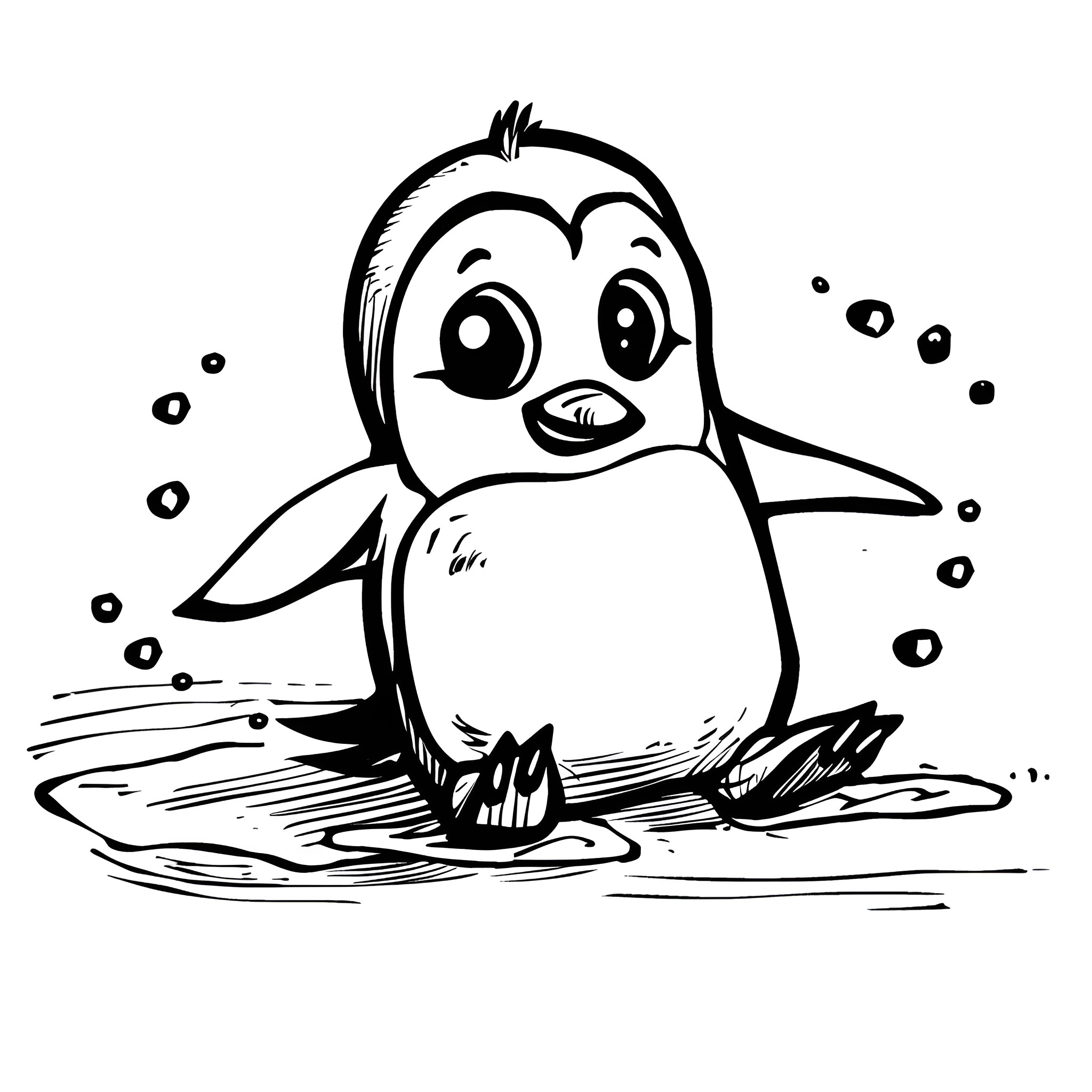 Cute penguin playing in the water Drawing Idea (free black-and-white line drawing printable PDF for all, from beginners to advanced learners, including children, teens, adults, and seniors)