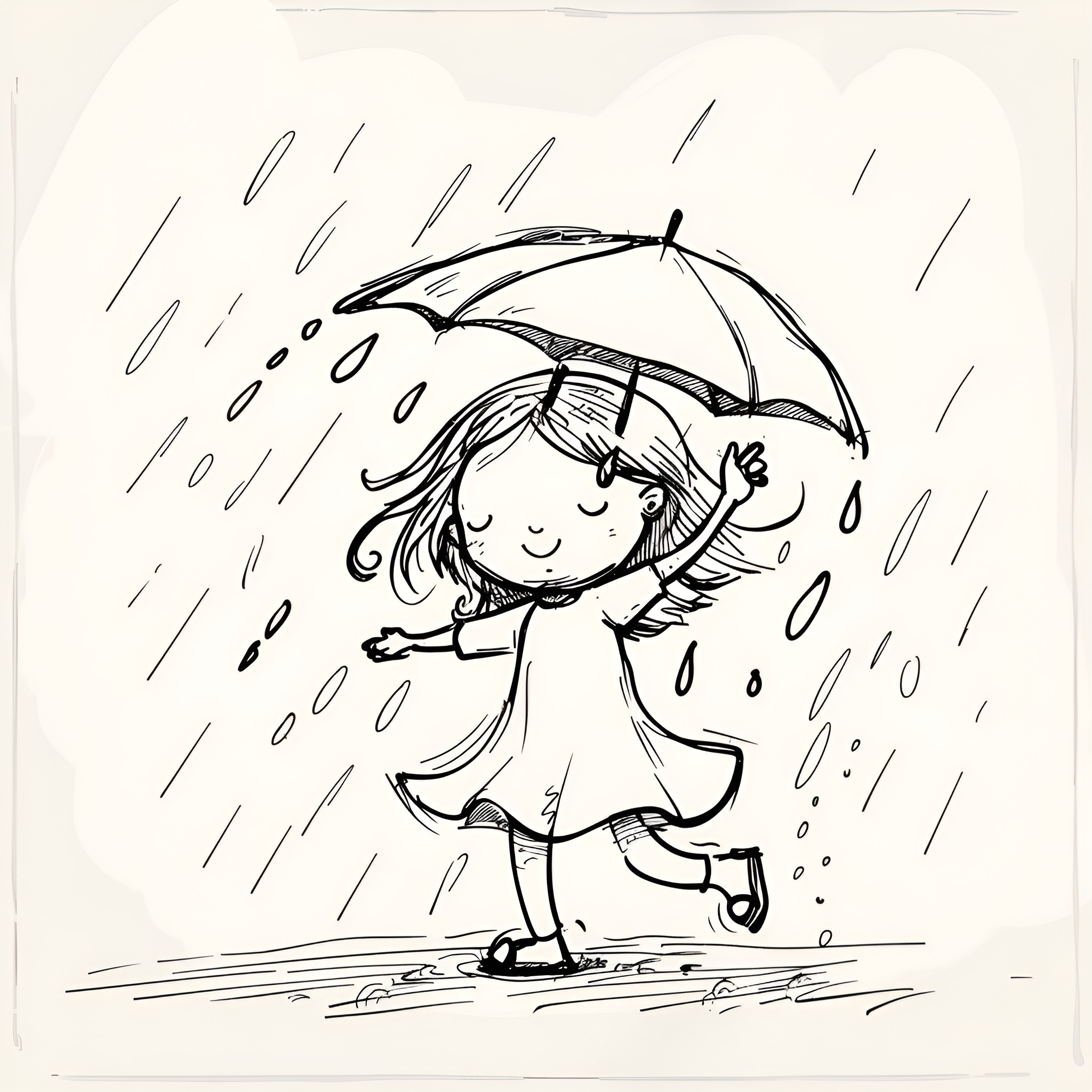 Cute girl dancing in the rain Drawing Idea (free black-and-white line drawing printable PDF for all, from beginners to advanced learners, including children, teens, adults, and seniors)