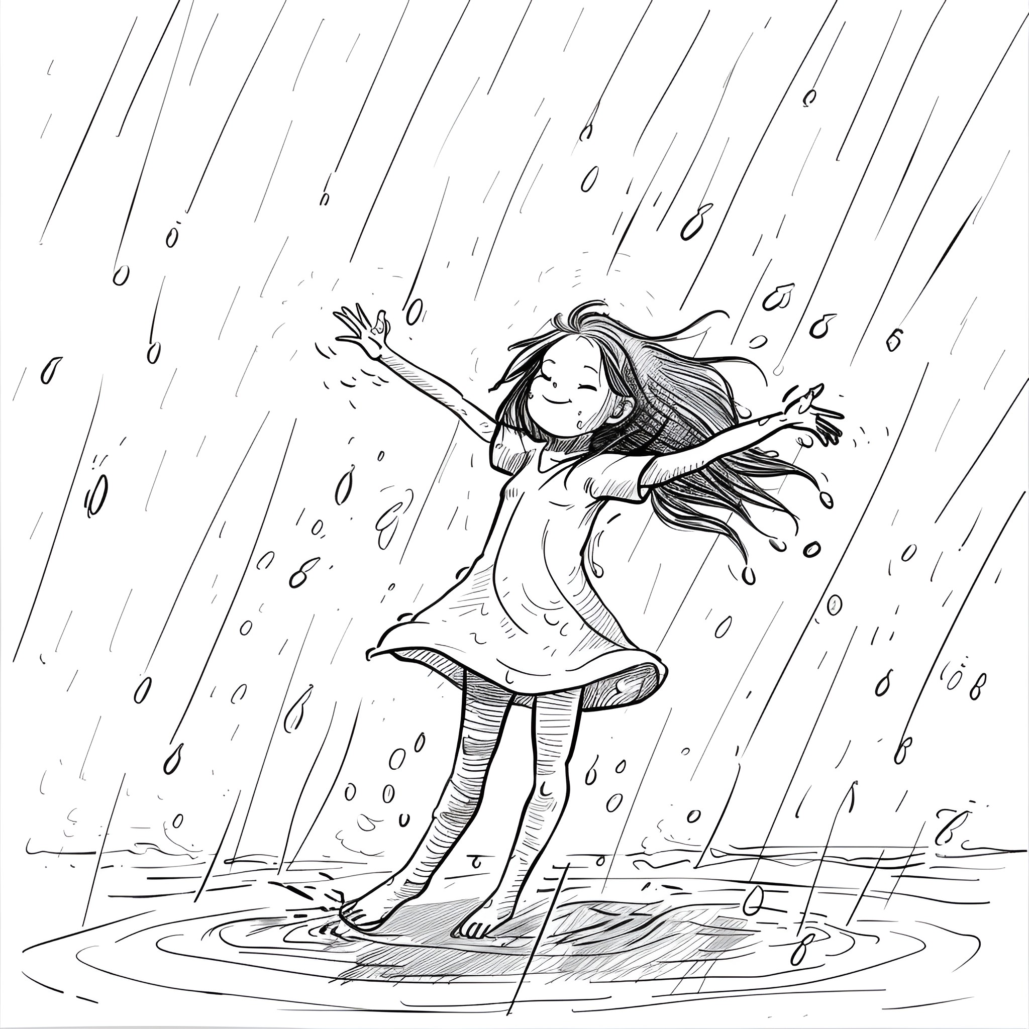 Cute girl dancing joyfully in the rain Drawing Idea (free black-and-white line drawing printable PDF for all, from beginners to advanced learners, including children, teens, adults, and seniors)