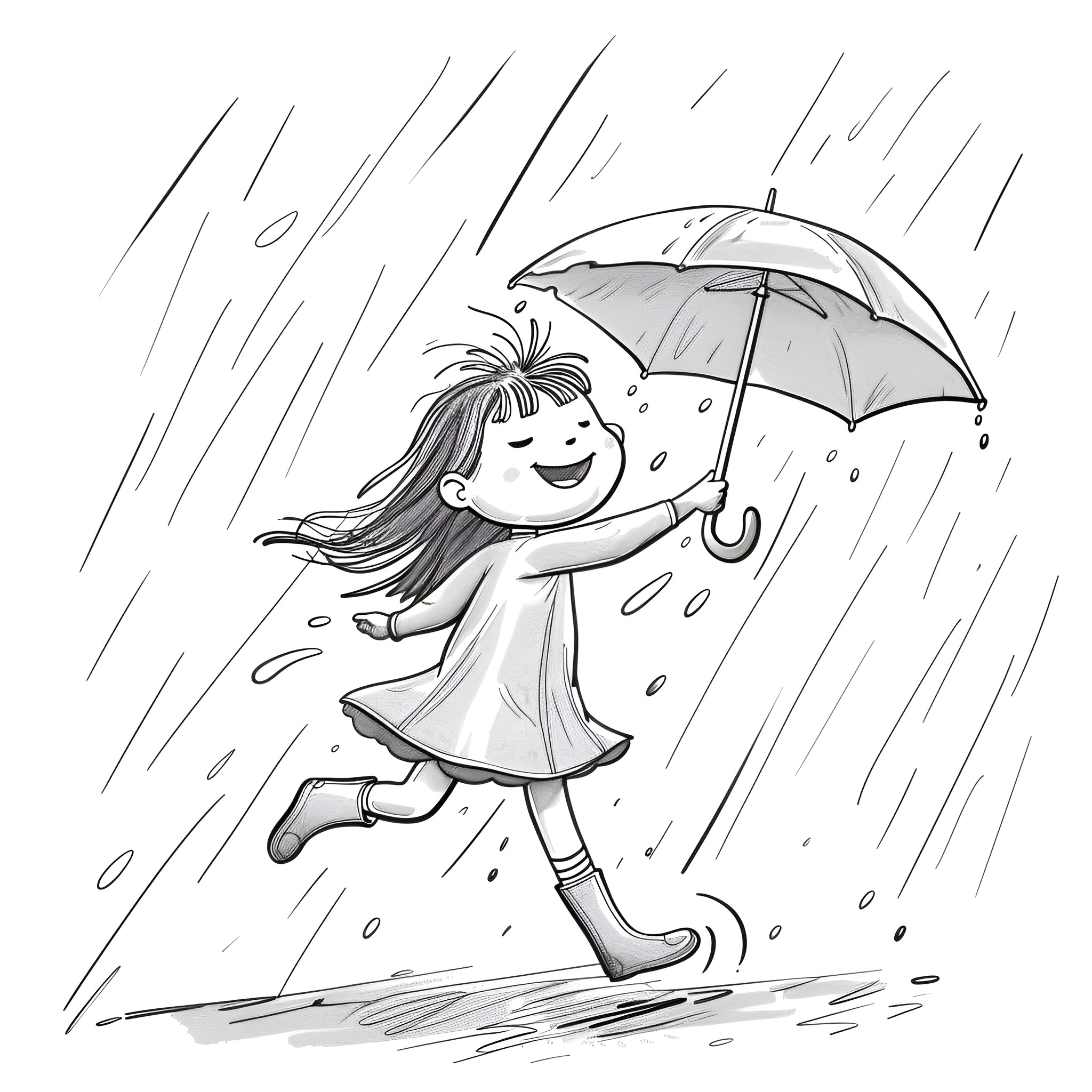 Cute girl dancing joyfully in the rain Drawing Idea (free black-and-white line drawing printable PDF for all, from beginners to advanced learners, including children, teens, adults, and seniors)