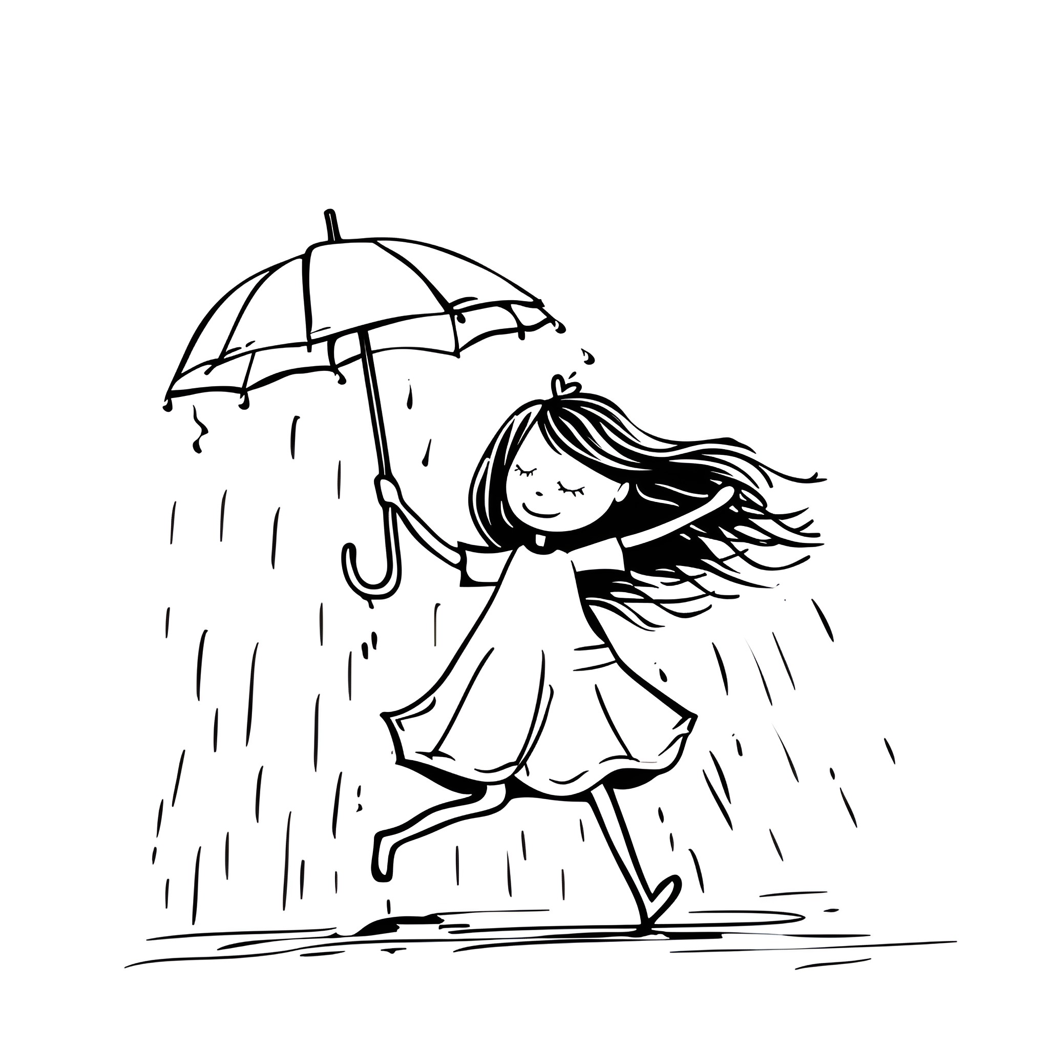 Cute girl dancing in the rain Drawing Idea (free black-and-white line drawing printable PDF for all, from beginners to advanced learners, including children, teens, adults, and seniors)