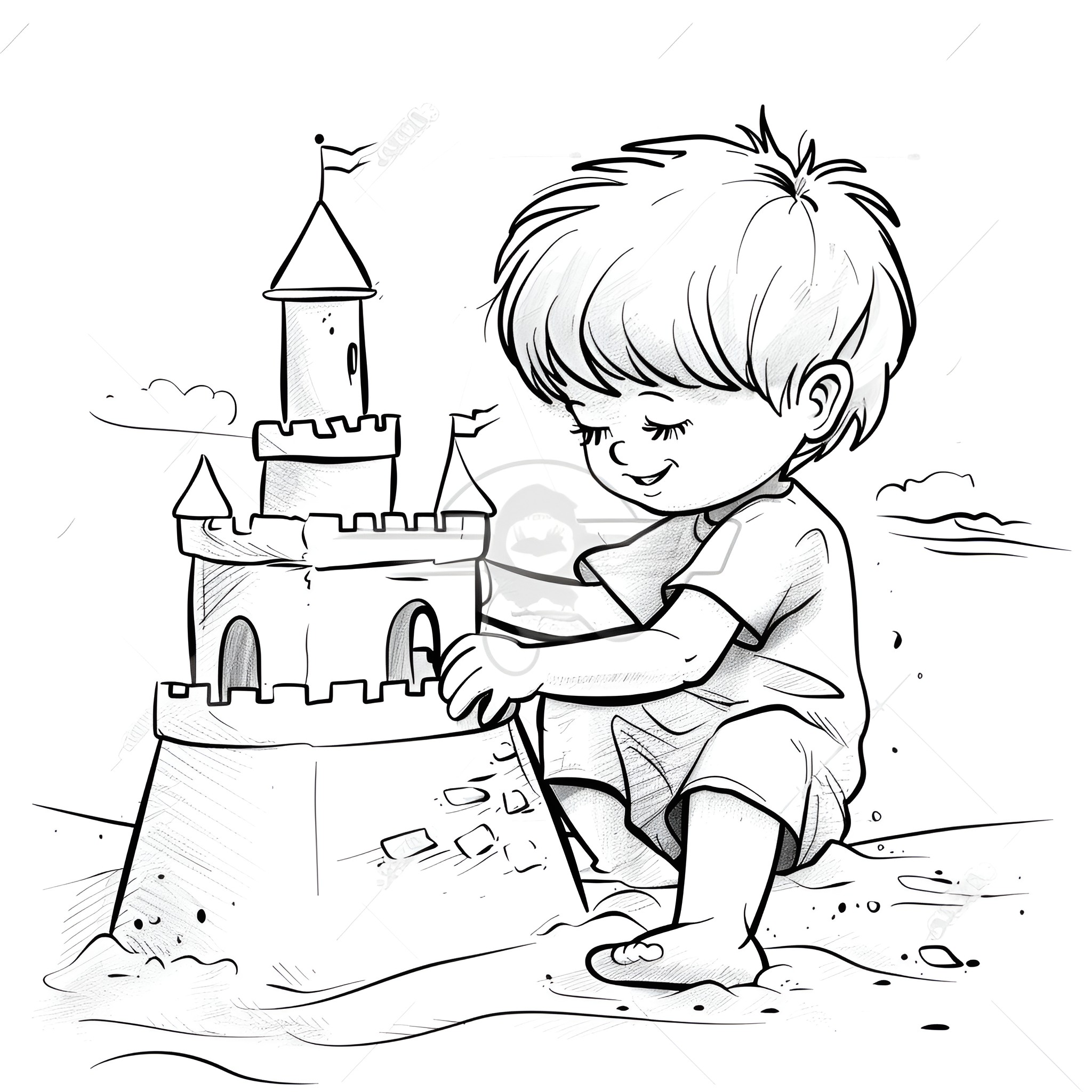 Cute child building sand castle on beach Drawing Idea (free black-and-white line drawing printable PDF for all, from beginners to advanced learners, including children, teens, adults, and seniors)