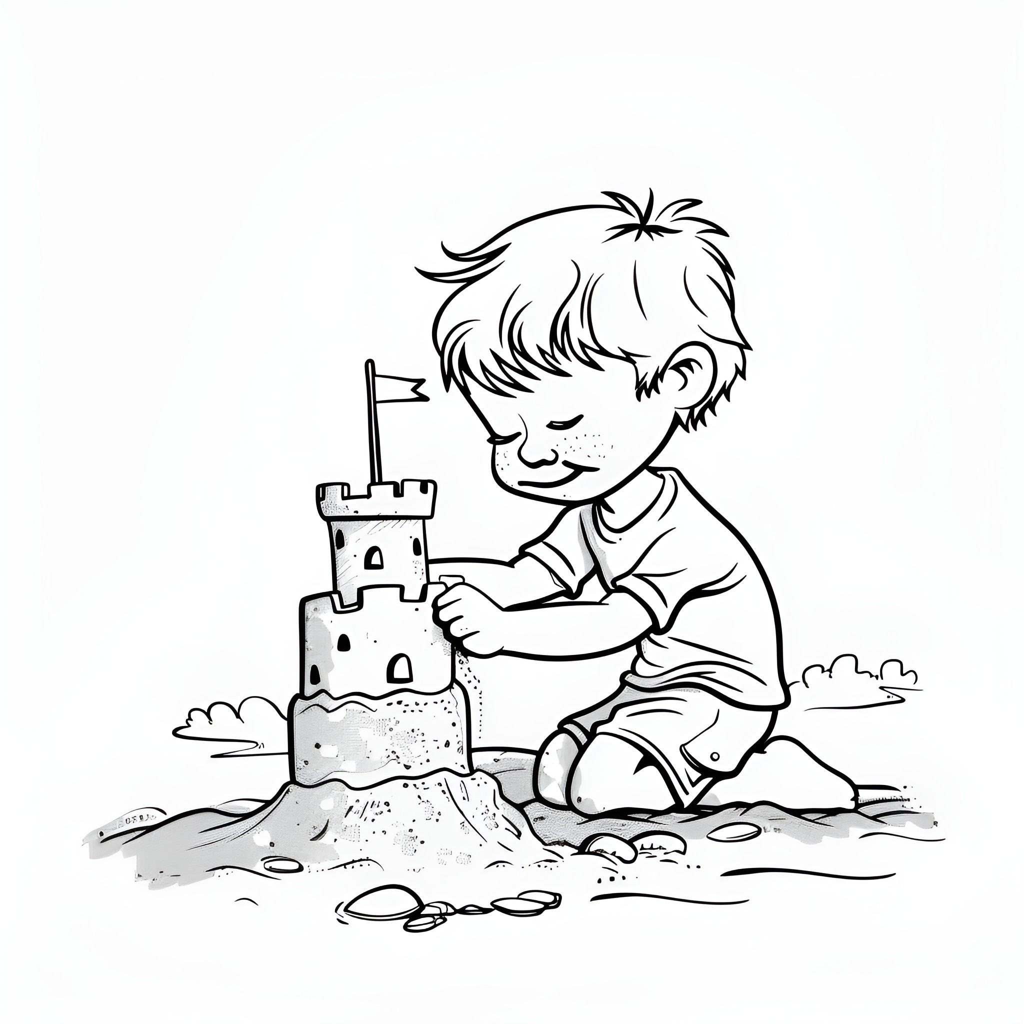 Cute boy building sandcastle at beach Drawing Idea (free black-and-white line drawing printable PDF for all, from beginners to advanced learners, including children, teens, adults, and seniors)