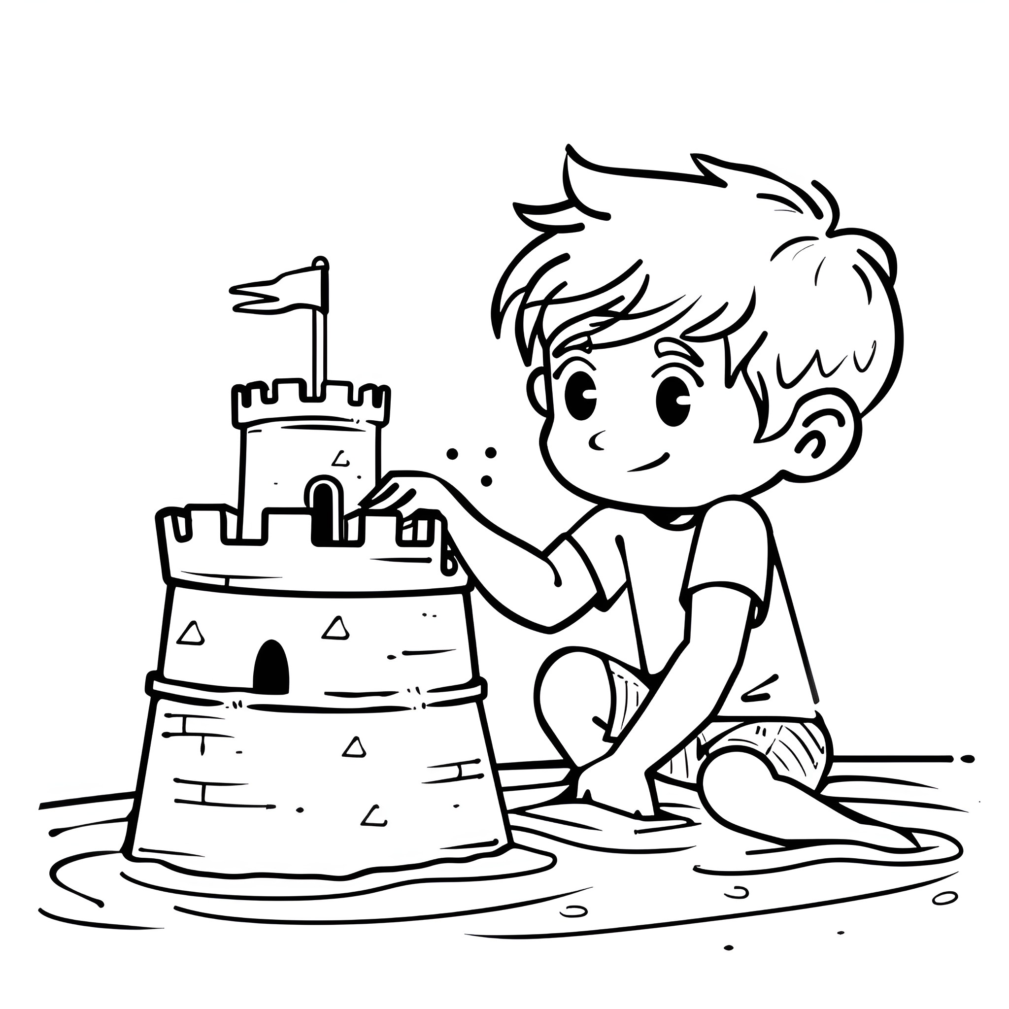 Cute boy building sand castle Drawing Idea (free black-and-white line drawing printable PDF for all, from beginners to advanced learners, including children, teens, adults, and seniors)