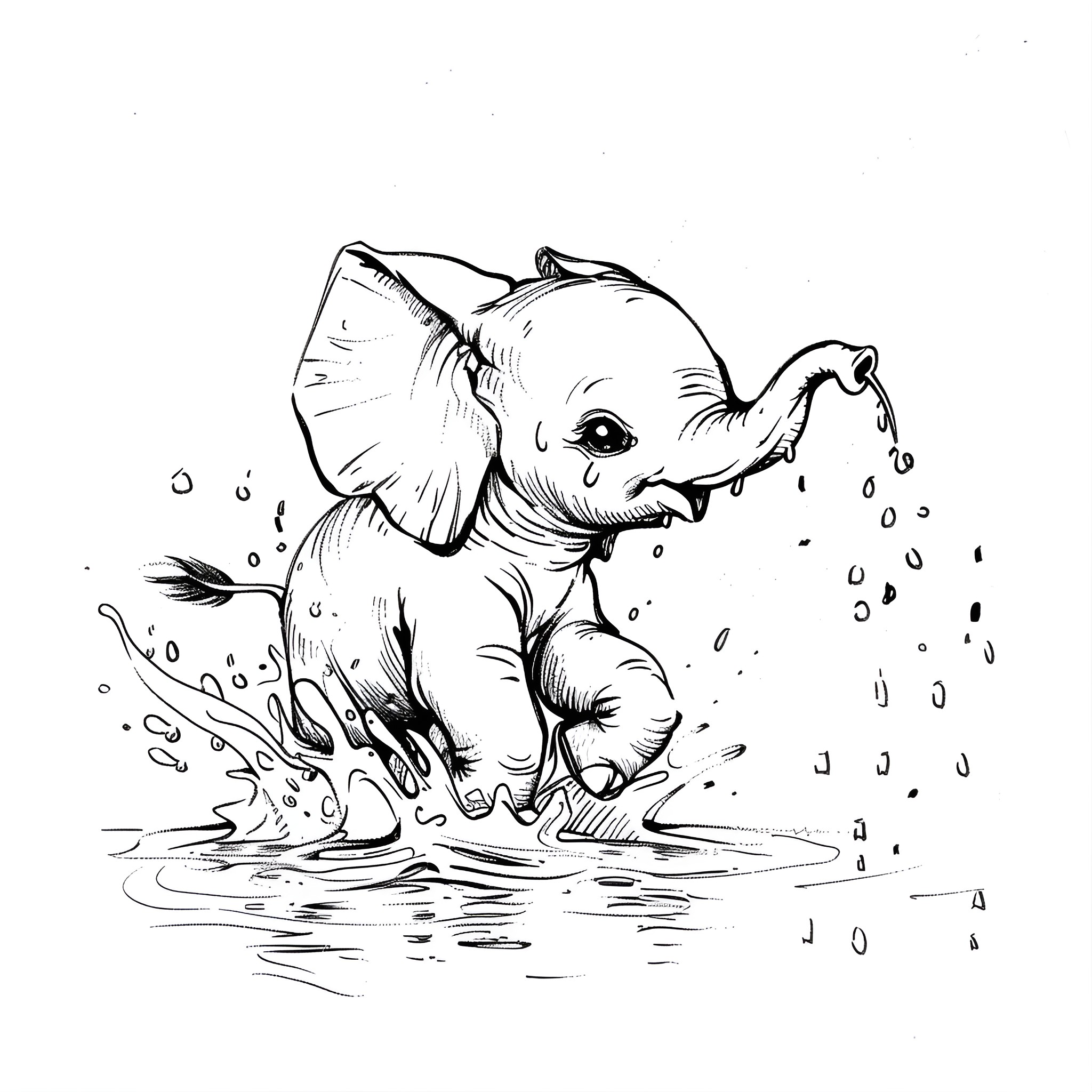 Cute baby elephant playing in the rain Drawing Idea (free black-and-white line drawing printable PDF for all, from beginners to advanced learners, including children, teens, adults, and seniors)
