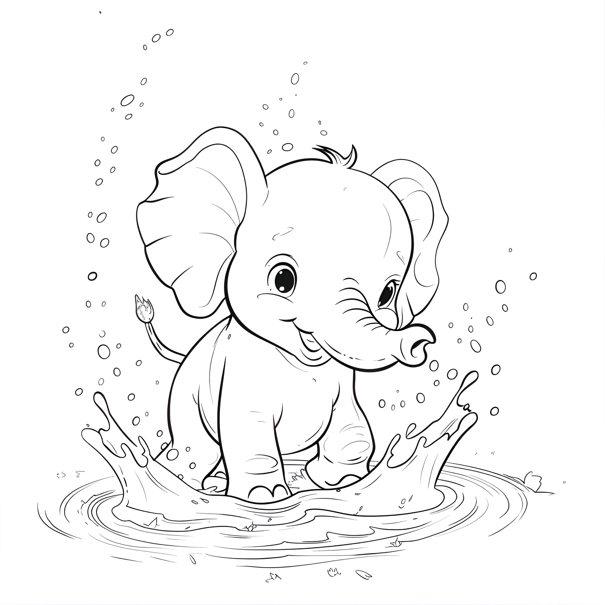 Cute elephant playing in water Drawing Idea (free black-and-white line drawing printable PDF for all, from beginners to advanced learners, including children, teens, adults, and seniors)
