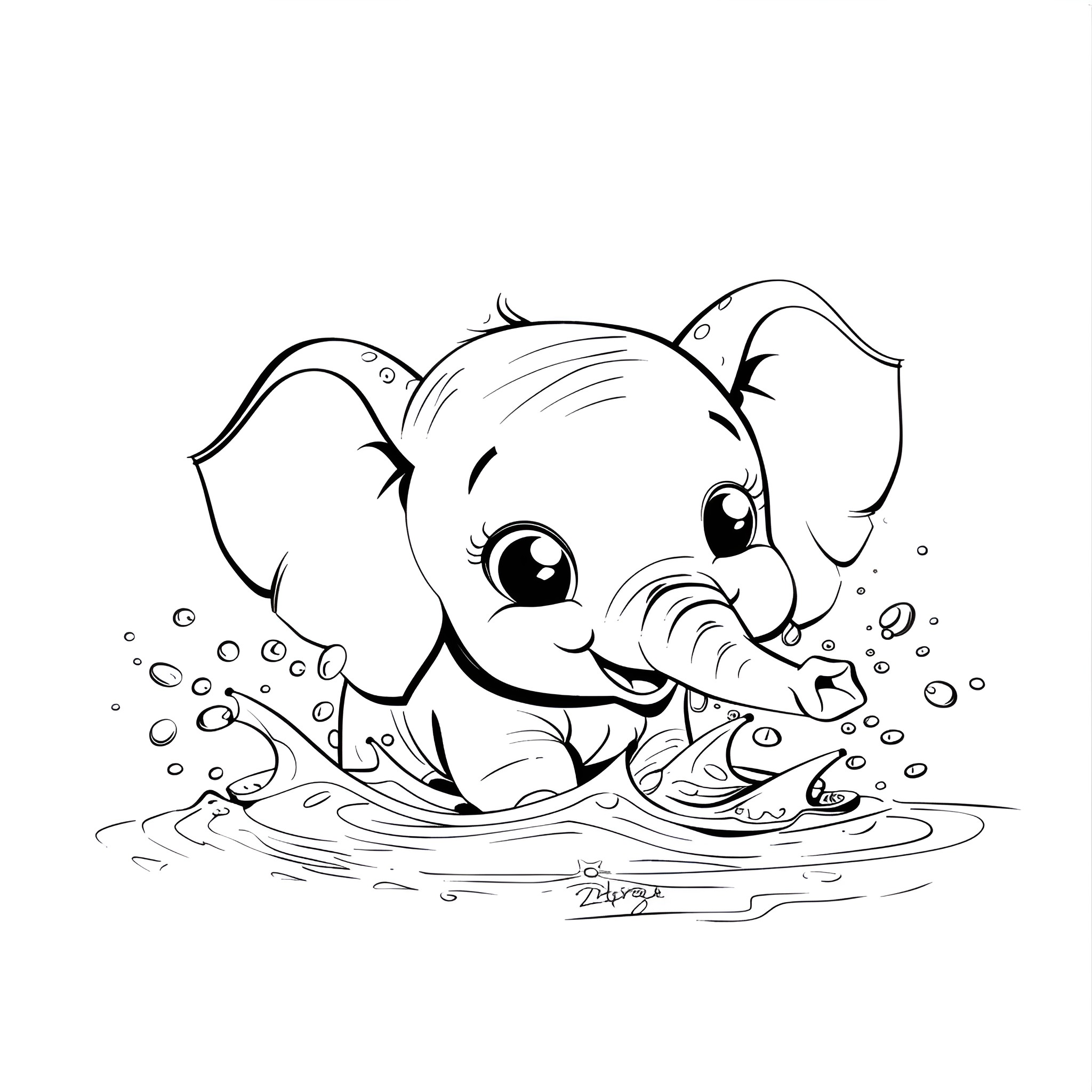 Cute baby elephant playing in water Drawing Idea (free black-and-white line drawing printable PDF for all, from beginners to advanced learners, including children, teens, adults, and seniors)