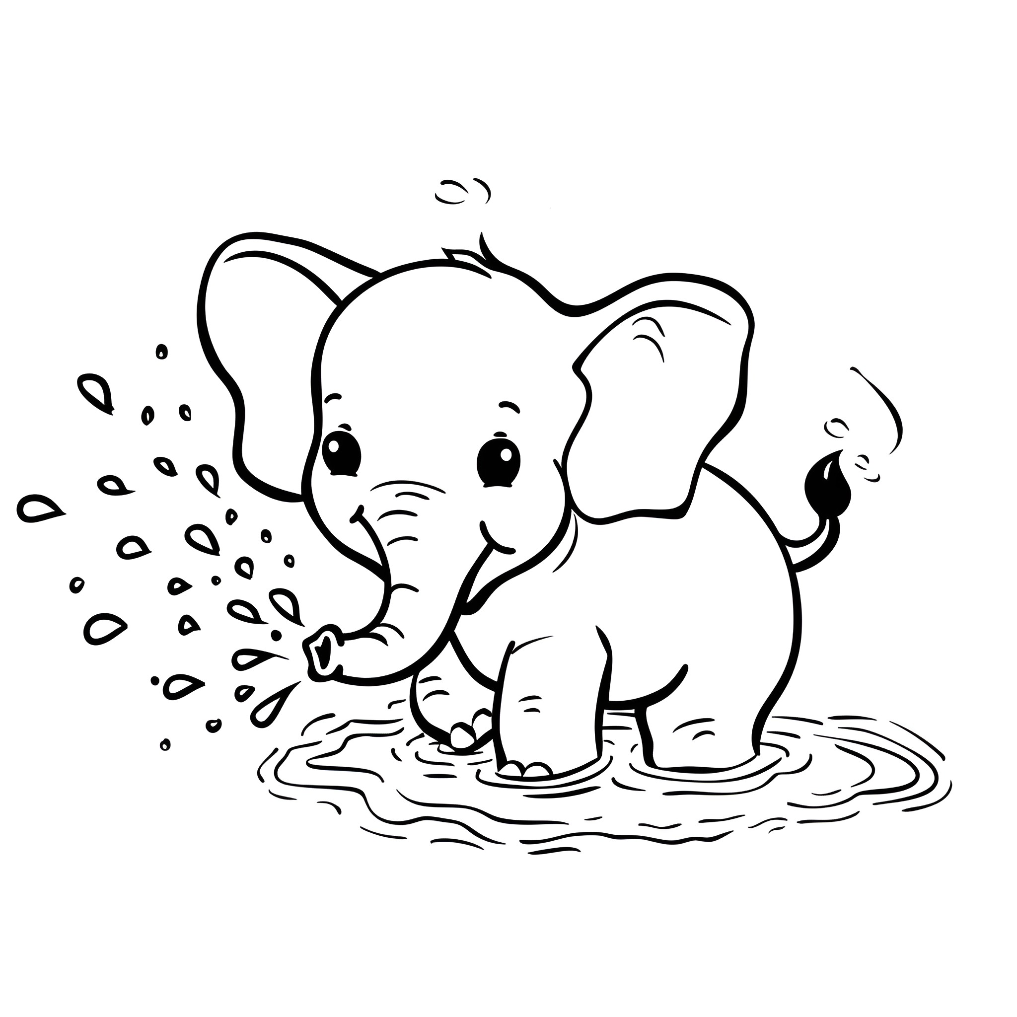 Cute baby elephant playing in puddle Drawing Idea (free black-and-white line drawing printable PDF for all, from beginners to advanced learners, including children, teens, adults, and seniors)