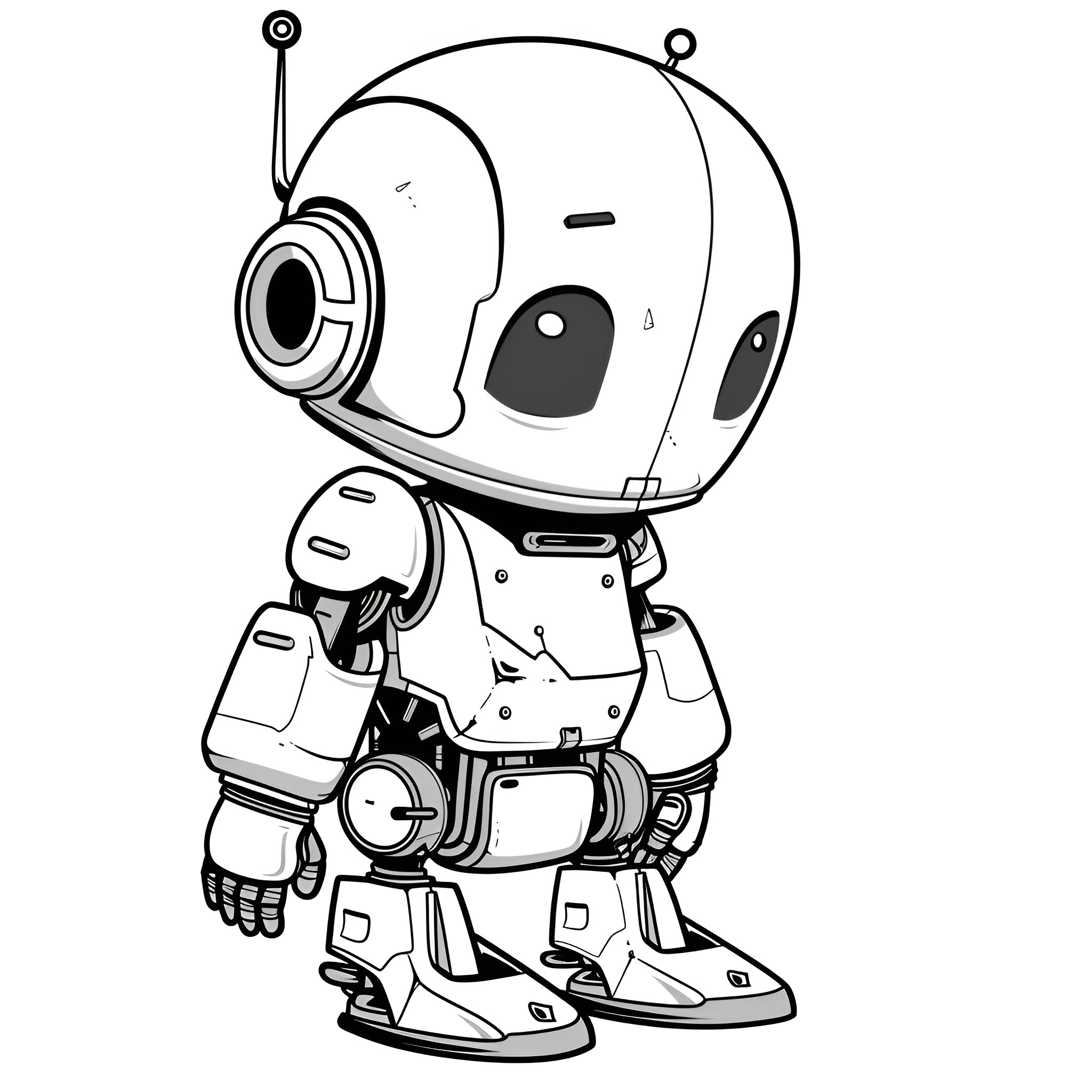 Cute robot character with big eyes Drawing Idea (free black-and-white line drawing printable PDF for all, from beginners to advanced learners, including children, teens, adults, and seniors)