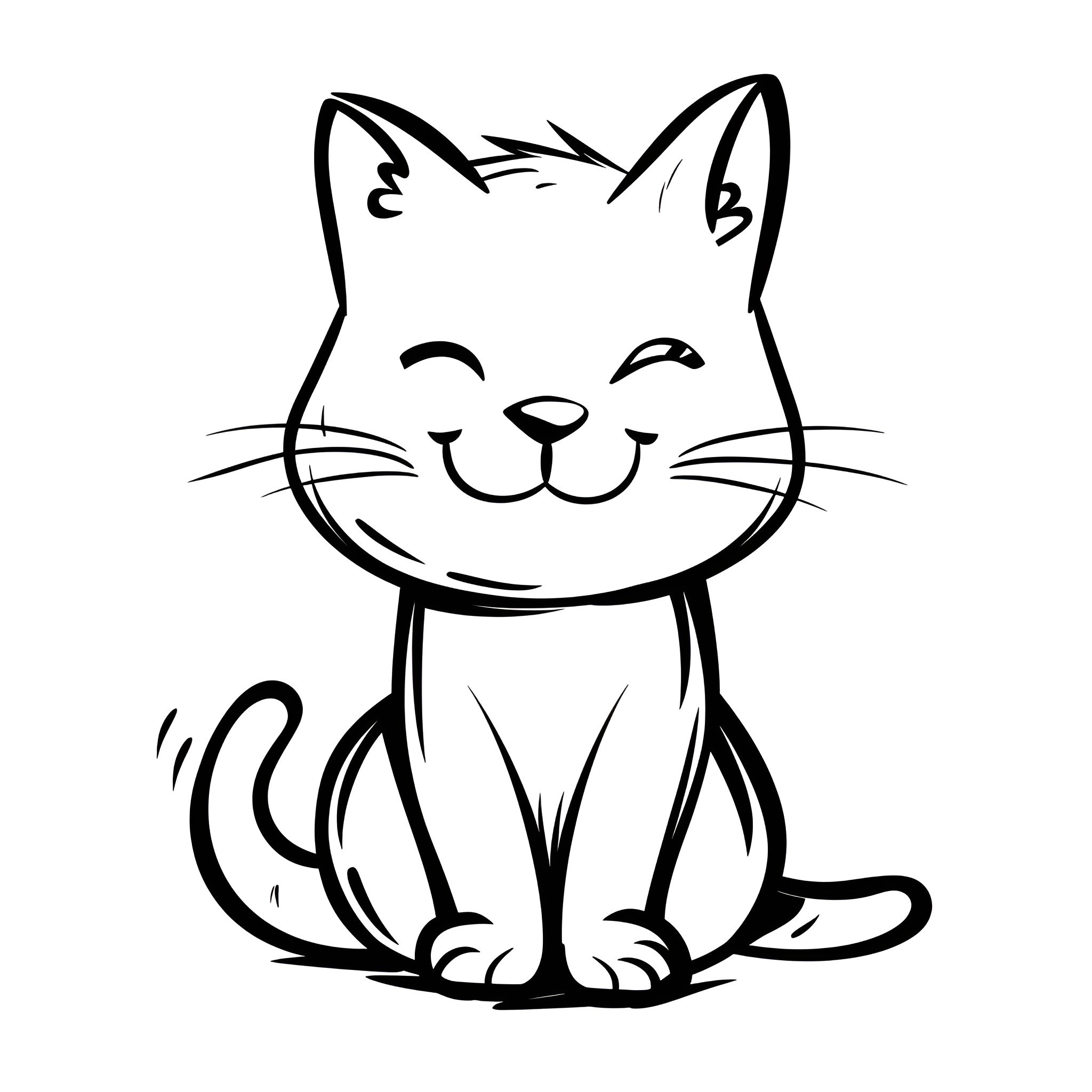 Cute smiling cartoon cat Drawing Idea (free black-and-white line drawing printable PDF for all, from beginners to advanced learners, including children, teens, adults, and seniors)