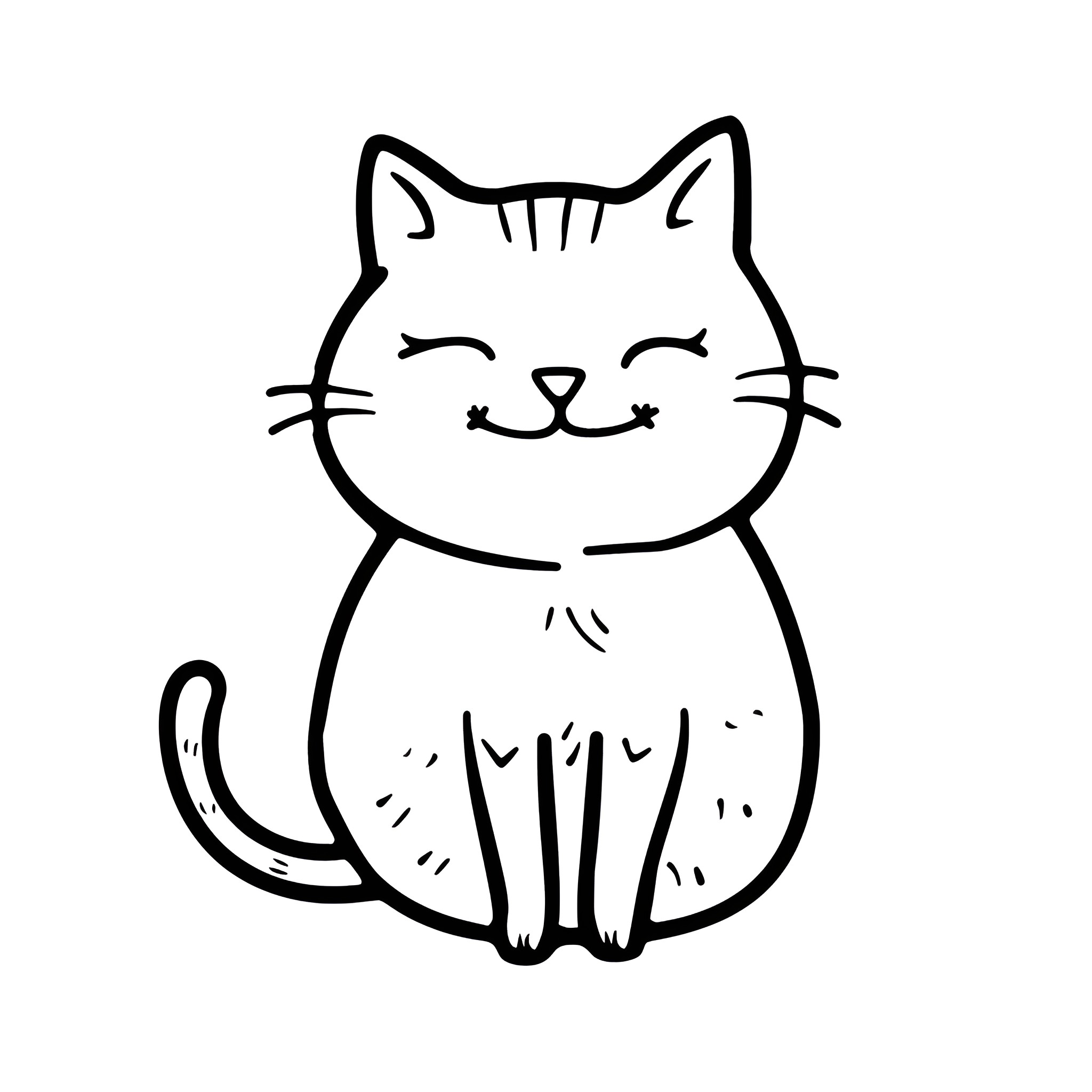 Cute Smiling Kitty Cat Drawing Idea (free black-and-white line drawing printable PDF for all, from beginners to advanced learners, including children, teens, adults, and seniors)