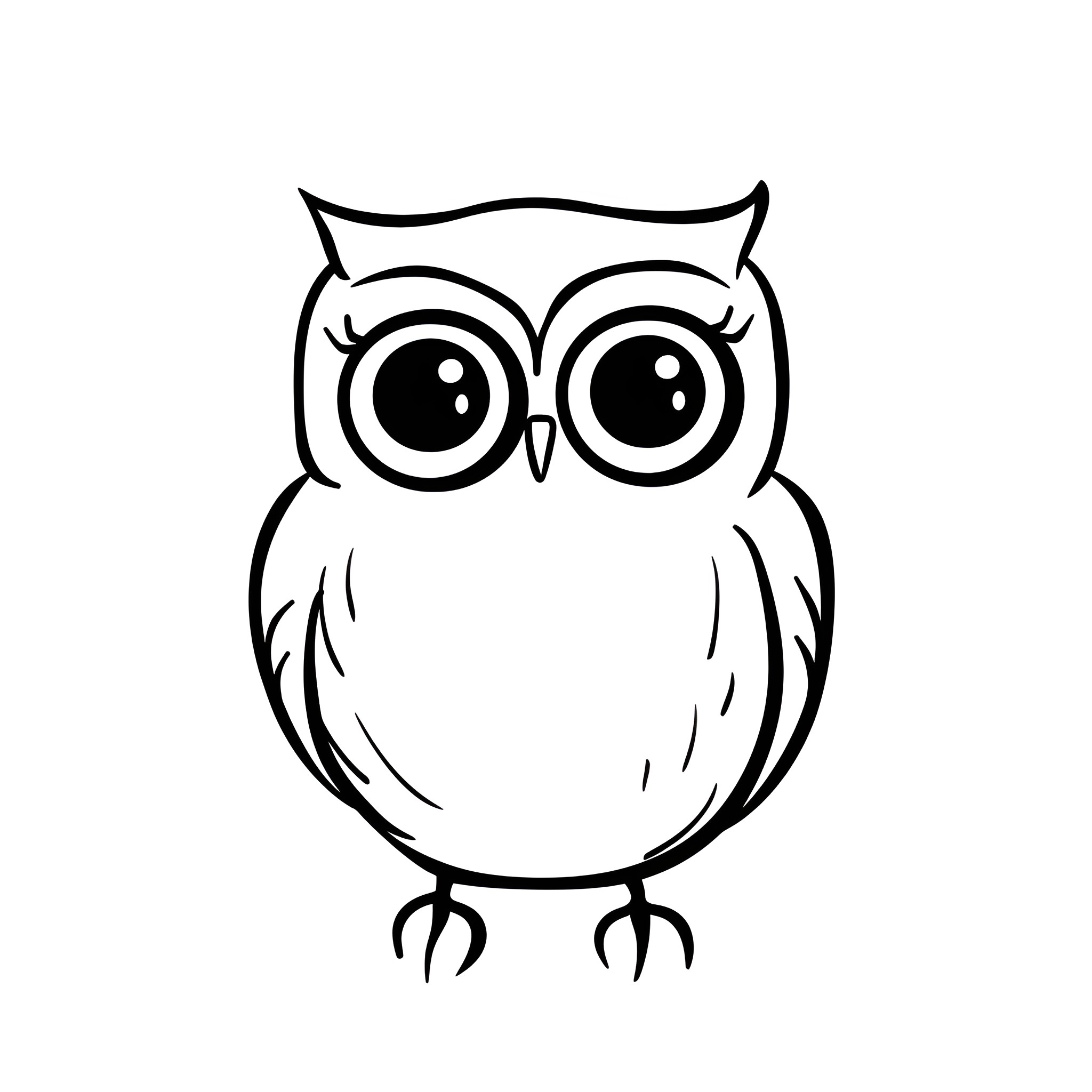 Cute owl character with big eyes Drawing Idea (free black-and-white line drawing printable PDF for all, from beginners to advanced learners, including children, teens, adults, and seniors)