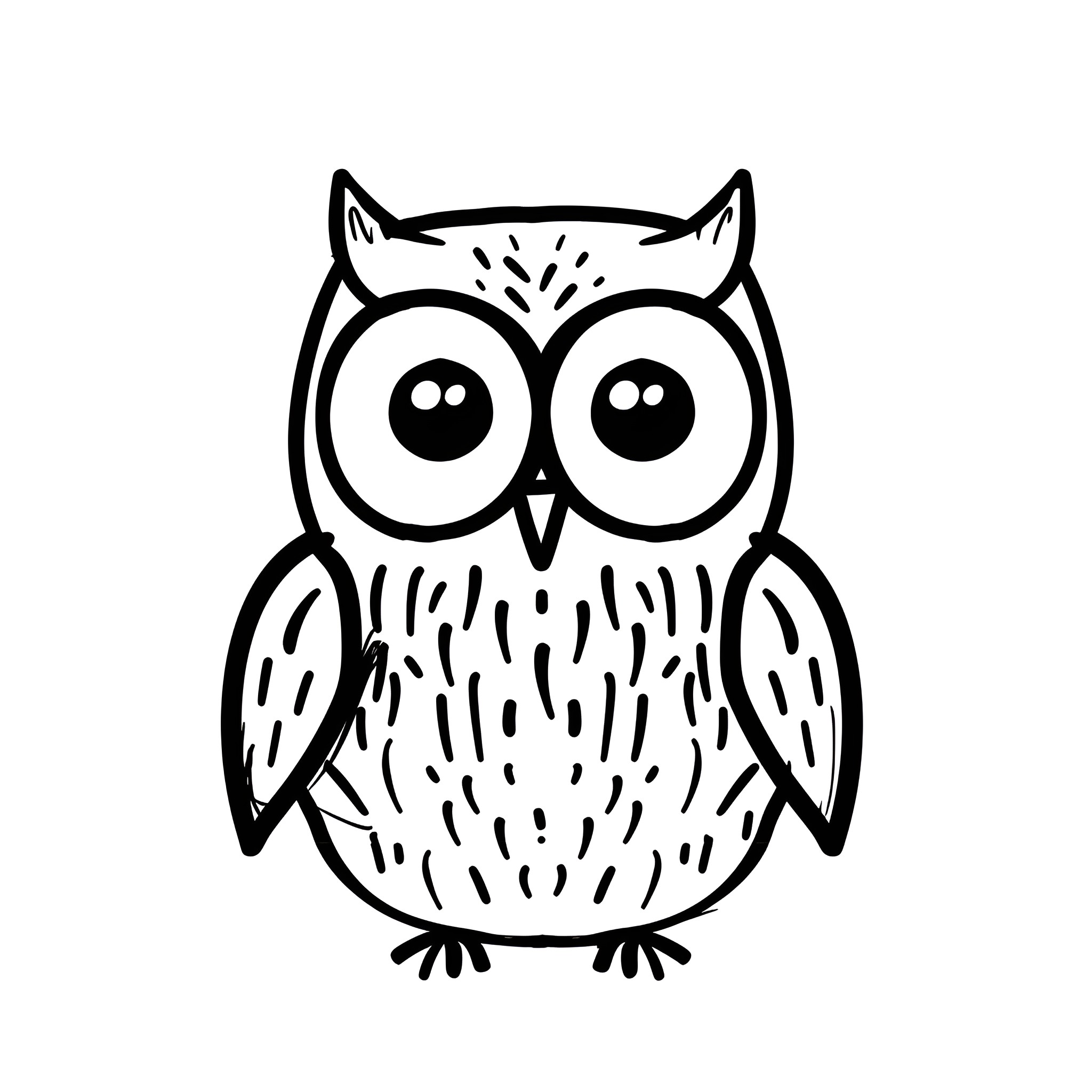 Cute owl with big eyes Drawing Idea (free black-and-white line drawing printable PDF for all, from beginners to advanced learners, including children, teens, adults, and seniors)