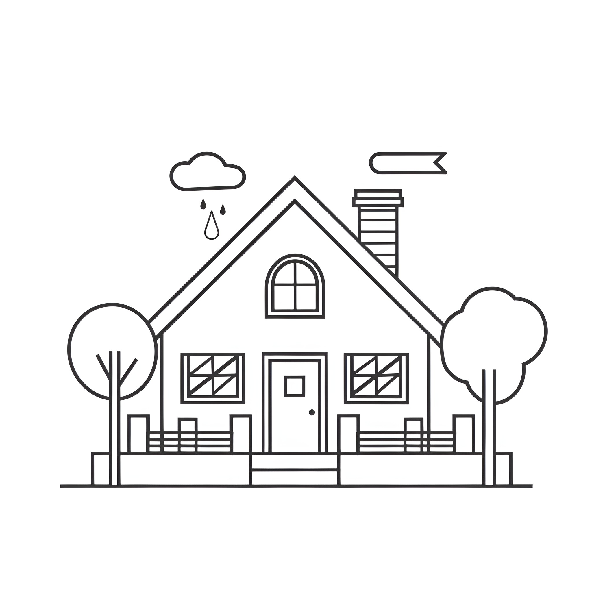 Cute Cozy Cottage Illustration Drawing Idea (free black-and-white line drawing printable PDF for all, from beginners to advanced learners, including children, teens, adults, and seniors)