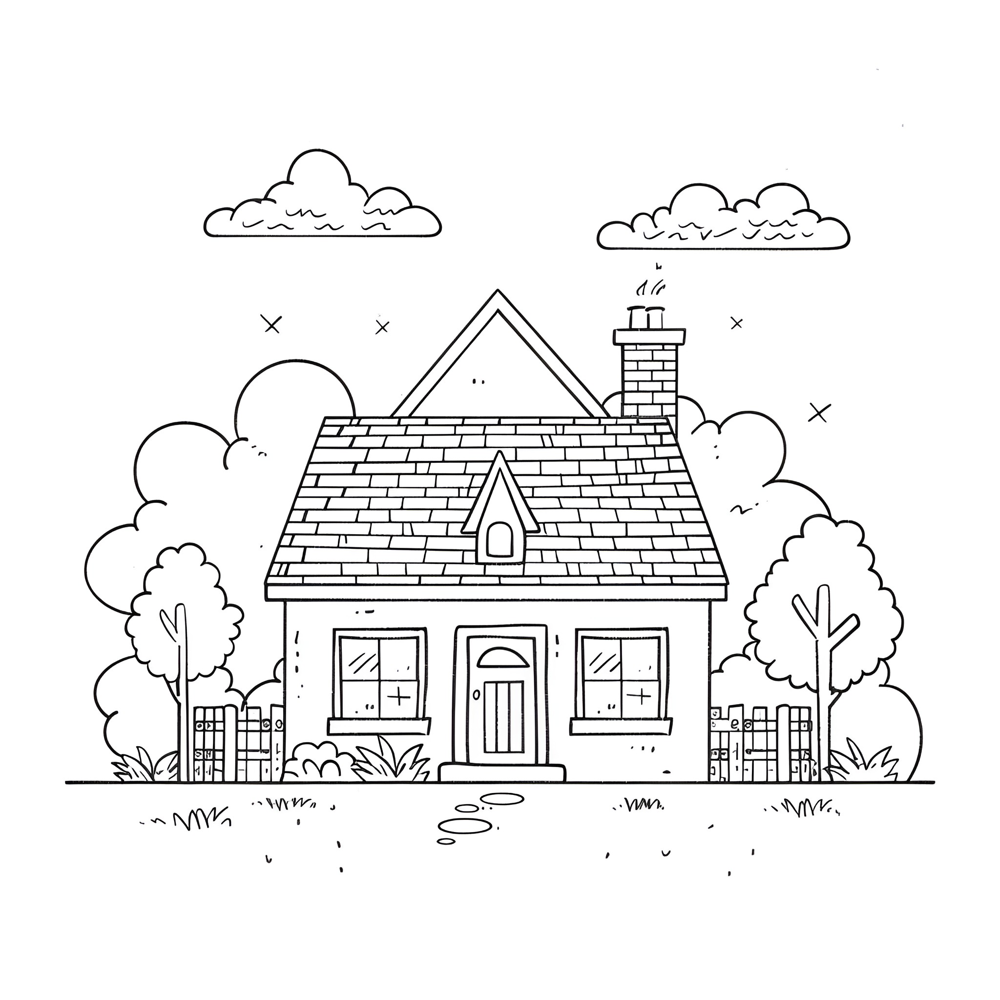 Cute Cozy Cottage in Countryside Drawing Idea (free black-and-white line drawing printable PDF for all, from beginners to advanced learners, including children, teens, adults, and seniors)