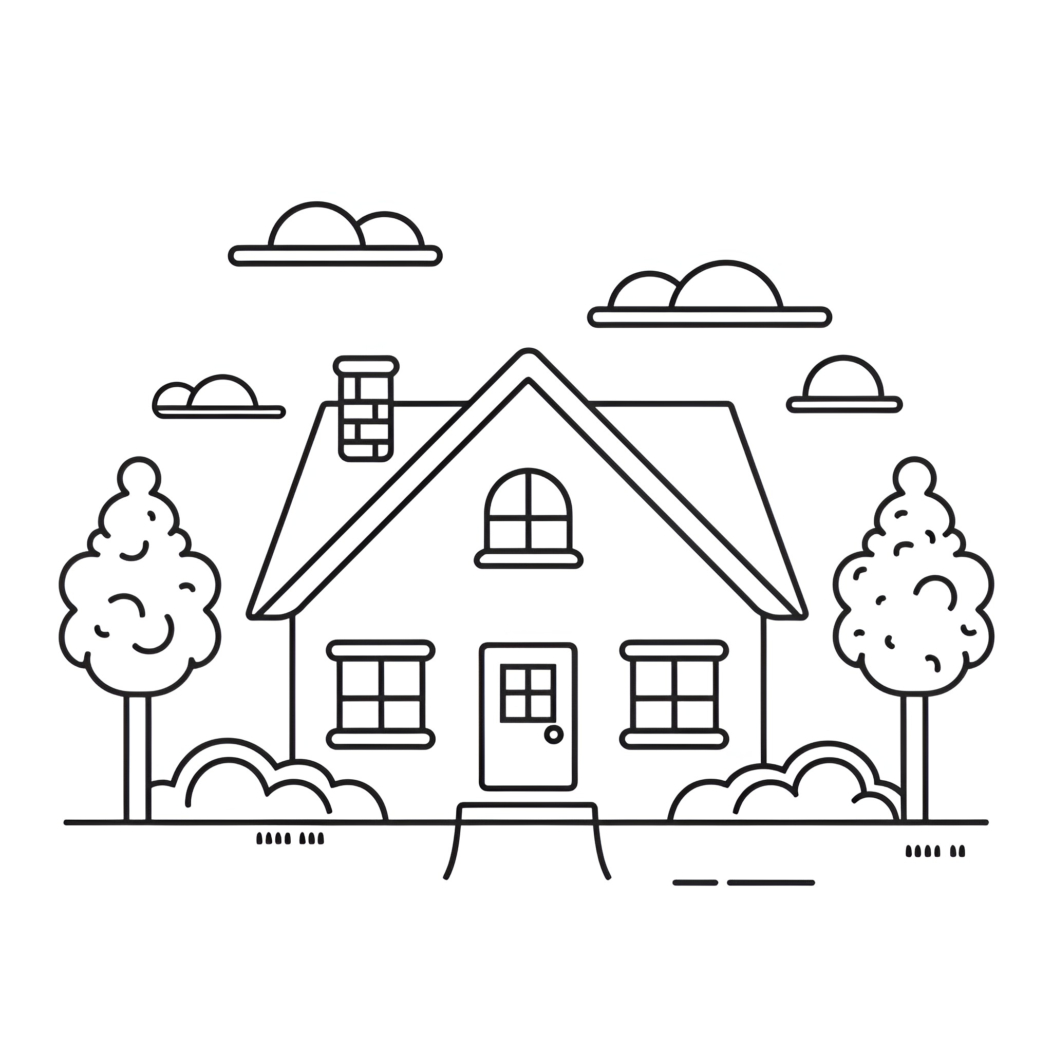 Cute cozy cottage in the countryside Drawing Idea (free black-and-white line drawing printable PDF for all, from beginners to advanced learners, including children, teens, adults, and seniors)