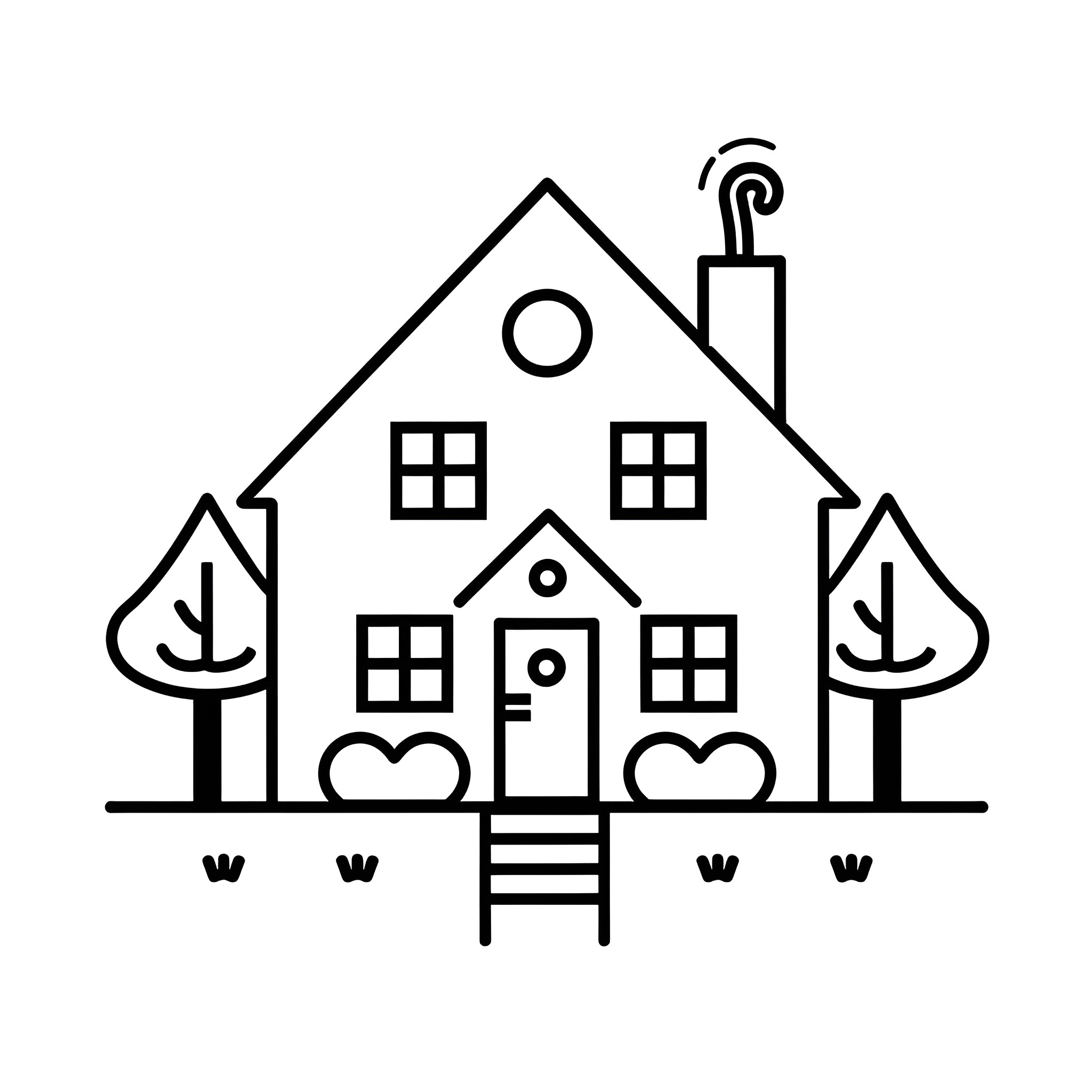 Cute cozy cottage in the woods Drawing Idea (free black-and-white line drawing printable PDF for all, from beginners to advanced learners, including children, teens, adults, and seniors)