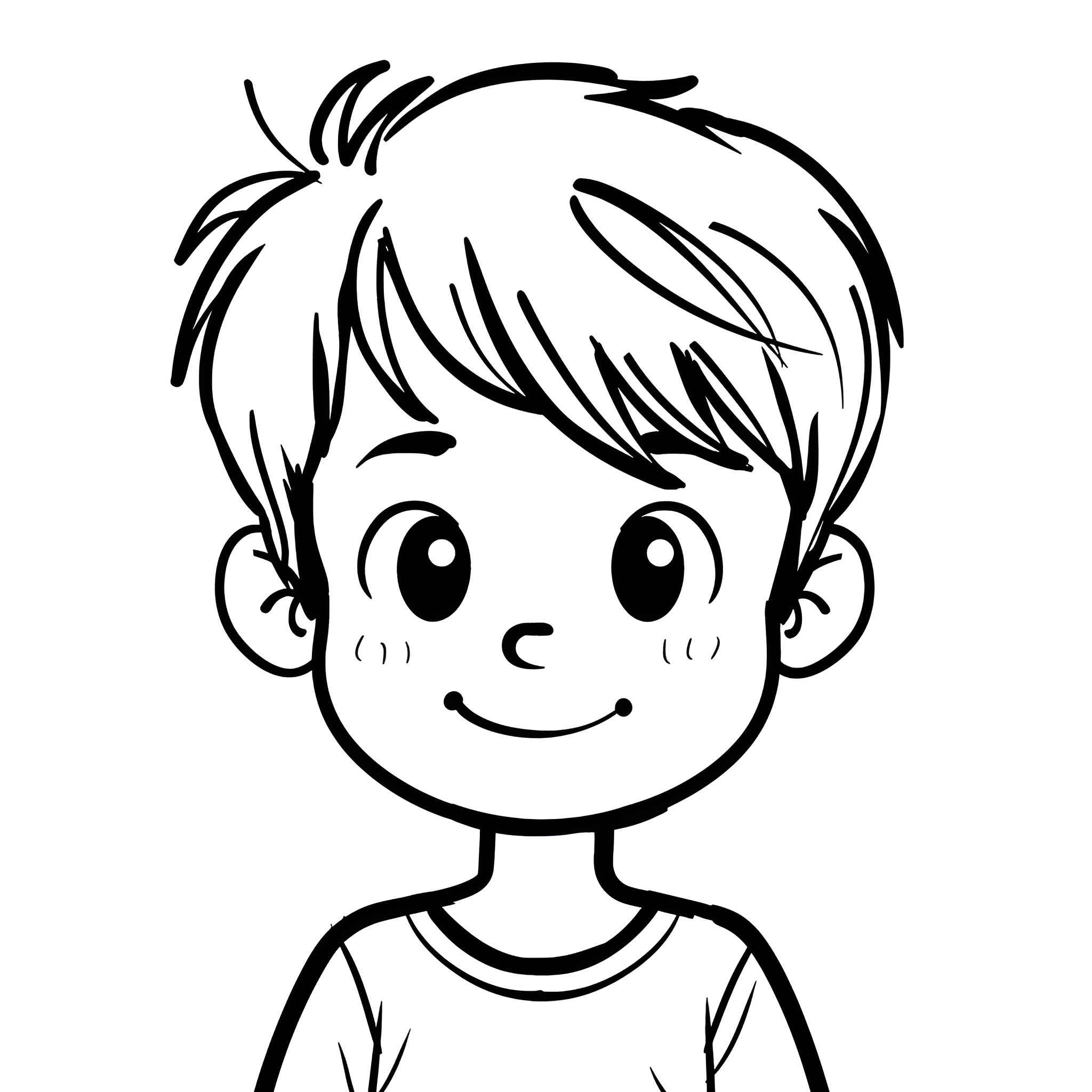 Cute smiling boy with messy hair Drawing Idea (free black-and-white line drawing printable PDF for all, from beginners to advanced learners, including children, teens, adults, and seniors)