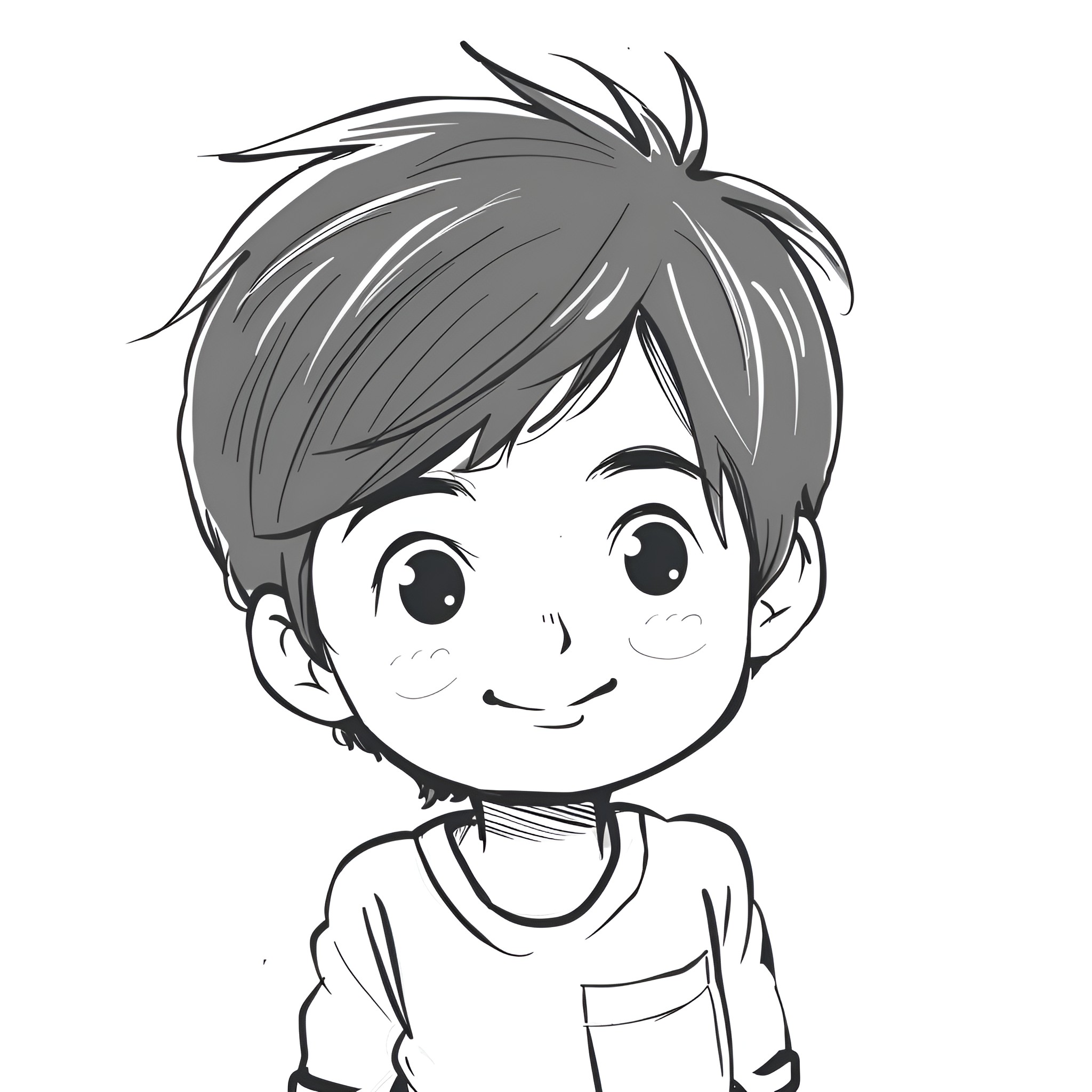 Cute young boy with cheerful expression Drawing Idea (free black-and-white line drawing printable PDF for all, from beginners to advanced learners, including children, teens, adults, and seniors)