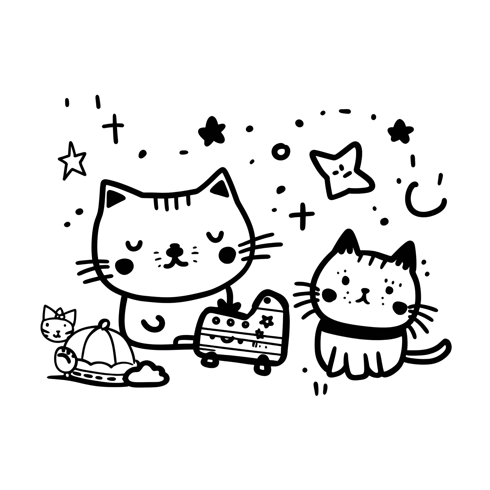 Cute cartoon kittens playing with toys Drawing Idea (free black-and-white line drawing printable PDF for all, from beginners to advanced learners, including children, teens, adults, and seniors)