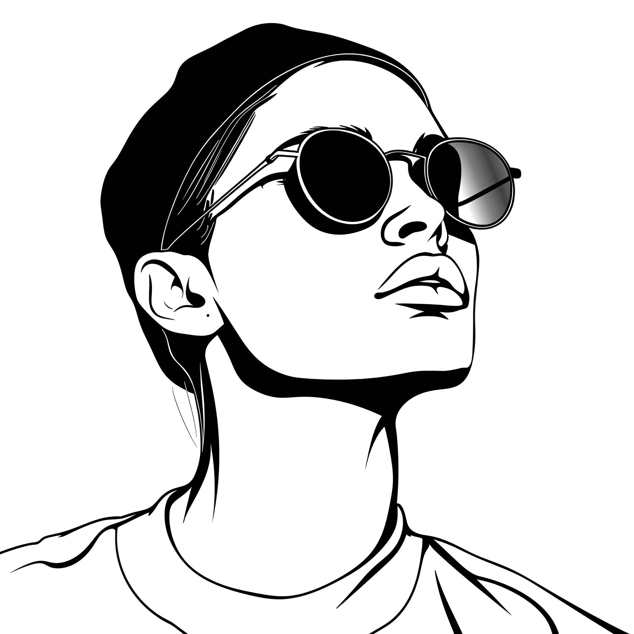 Cool Person in Stylish Sunglasses Drawing Idea (free black-and-white line drawing printable PDF for all, from beginners to advanced learners, including children, teens, adults, and seniors)