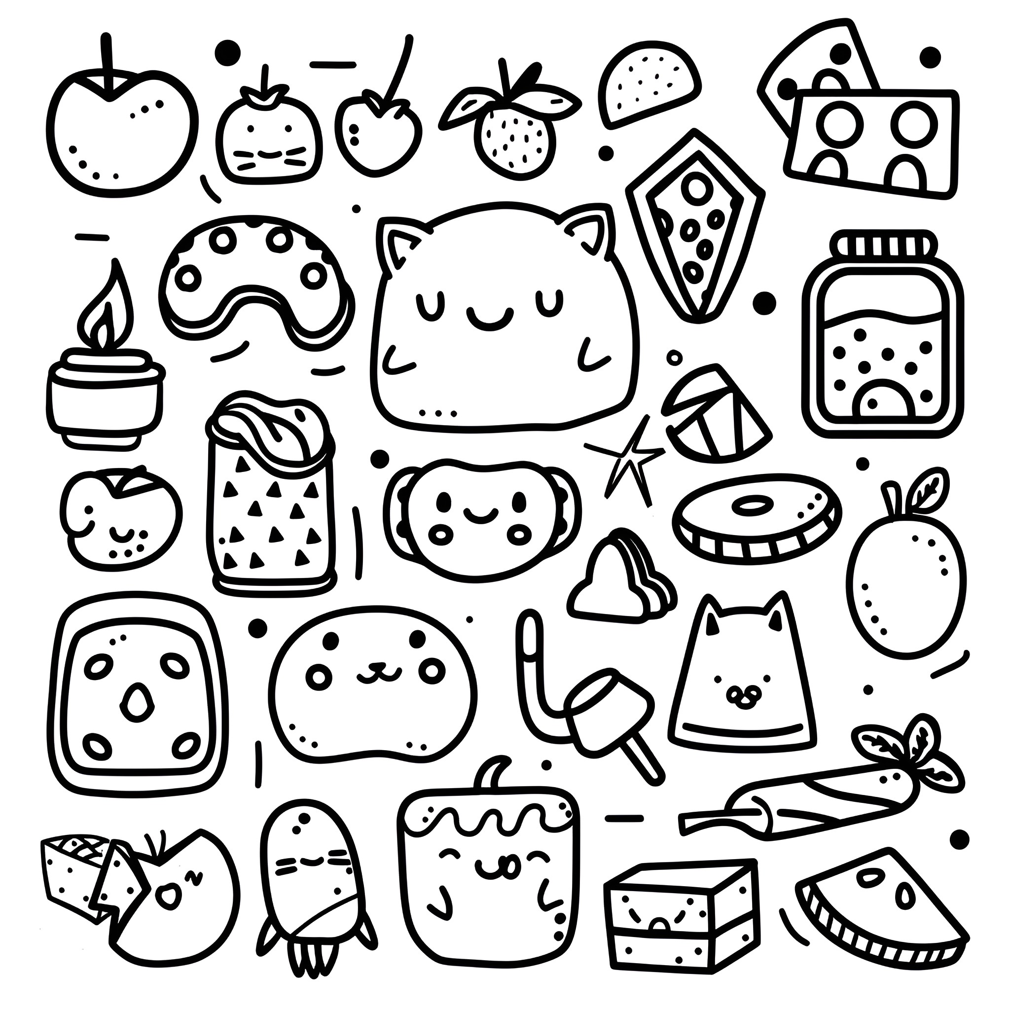 Cute Kawaii-style doodles with various objects and characters Drawing Idea (free black-and-white line drawing printable PDF for all, from beginners to advanced learners, including children, teens, adults, and seniors)