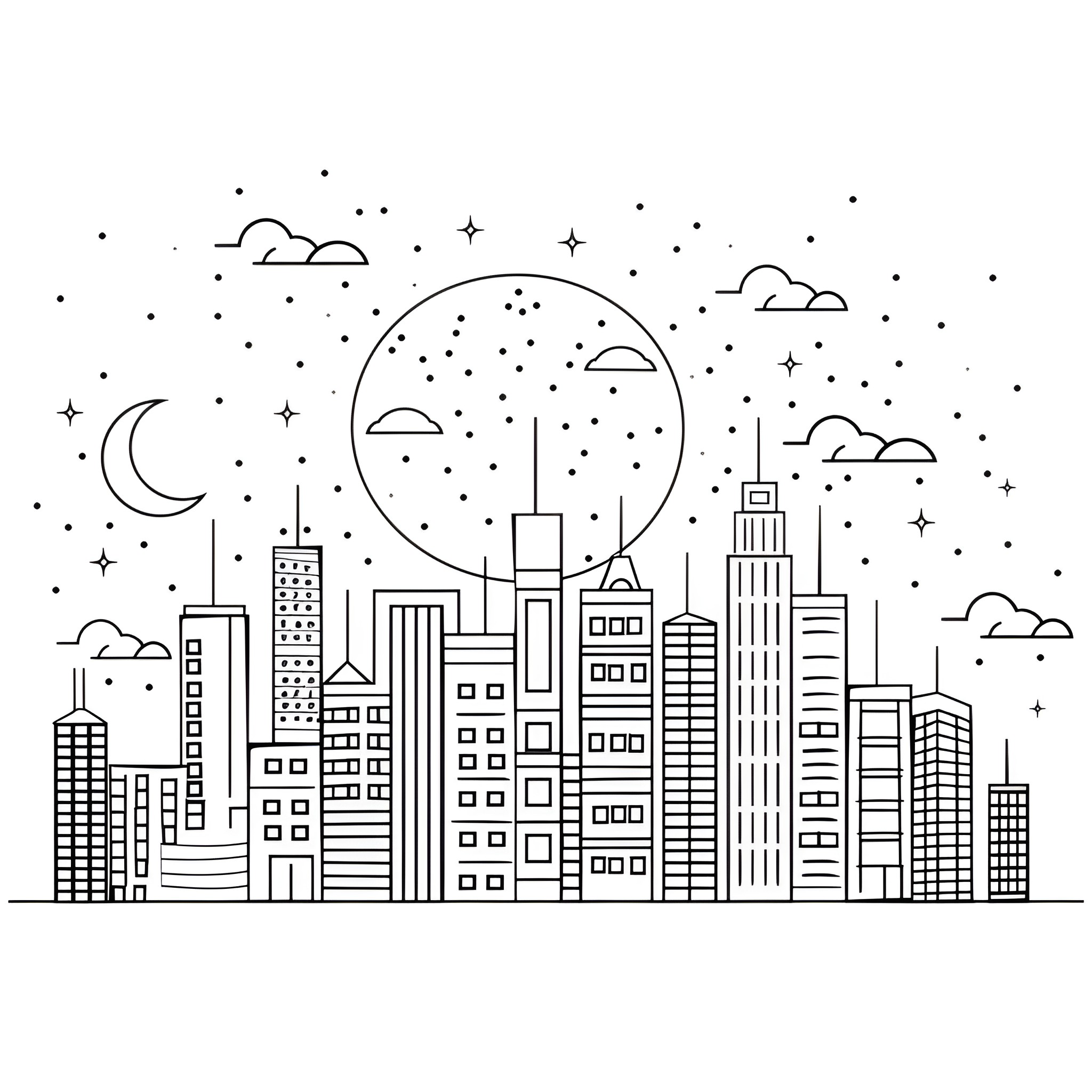 Cool Cityscape at Night Drawing Idea (free black-and-white line drawing printable PDF for all, from beginners to advanced learners, including children, teens, adults, and seniors)