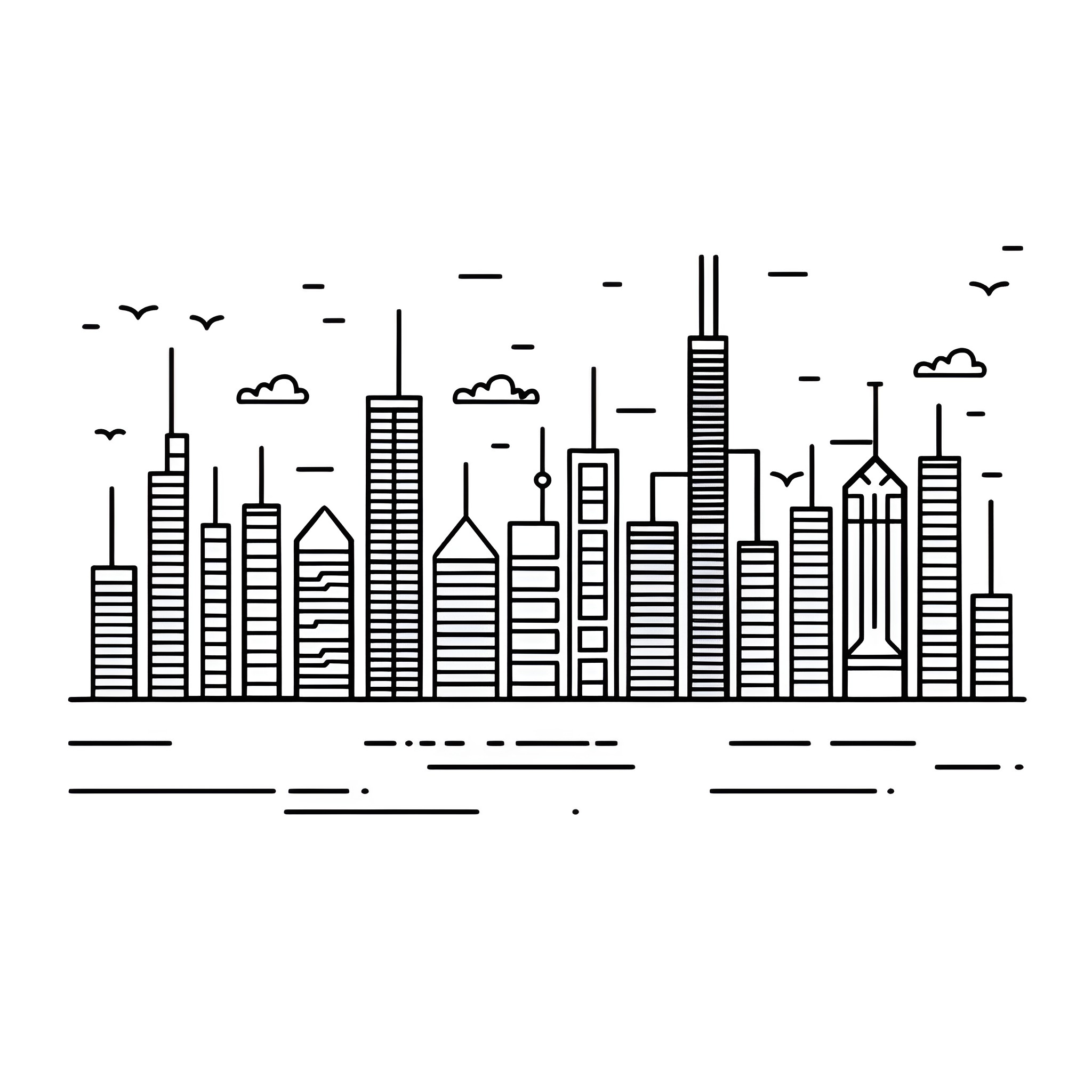 Cool Cityscape with Tall Buildings Drawing Idea (free black-and-white line drawing printable PDF for all, from beginners to advanced learners, including children, teens, adults, and seniors)
