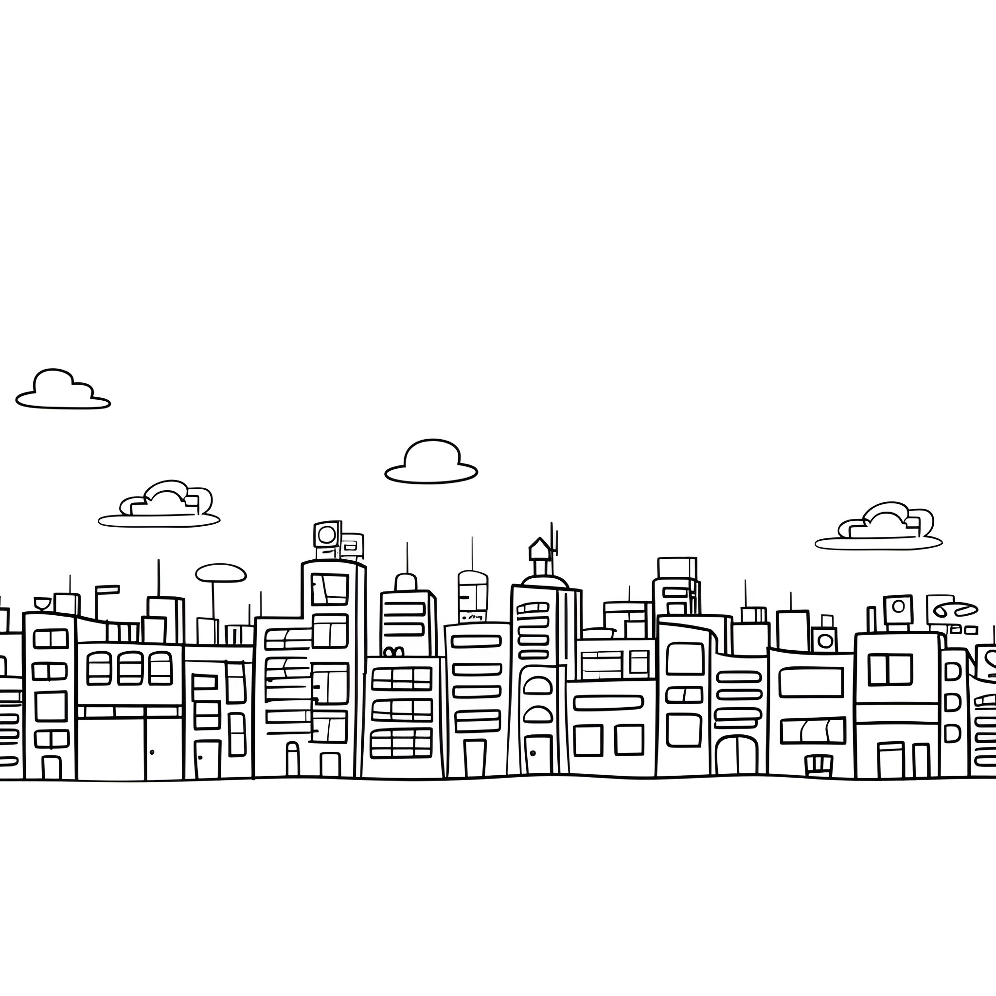 Cool cityscape with modern buildings Drawing Idea (free black-and-white line drawing printable PDF for all, from beginners to advanced learners, including children, teens, adults, and seniors)