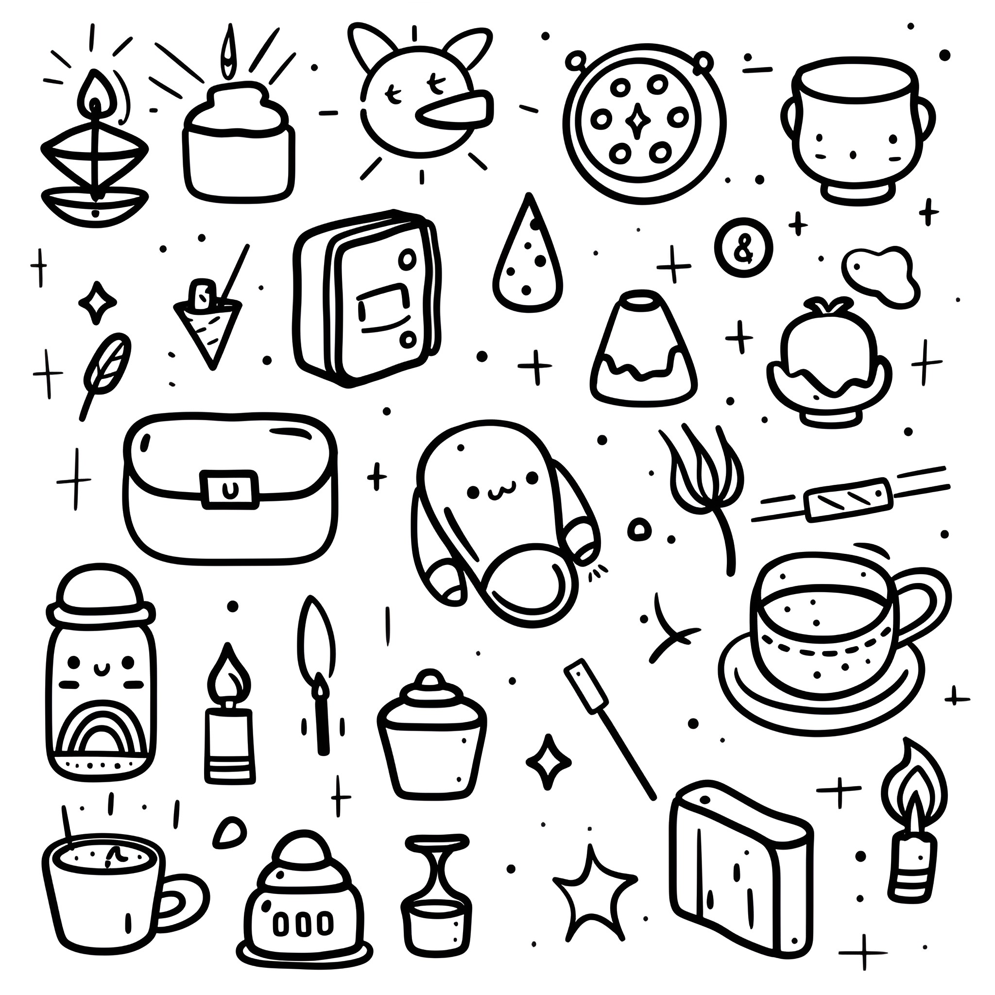 Cute doodle icons and illustrations Drawing Idea (free black-and-white line drawing printable PDF for all, from beginners to advanced learners, including children, teens, adults, and seniors)