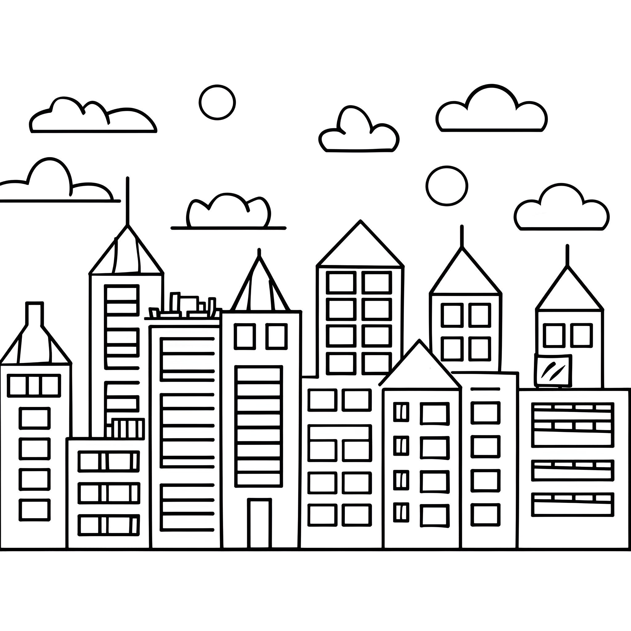 Cool city skyline with architectural variety Drawing Idea (free black-and-white line drawing printable PDF for all, from beginners to advanced learners, including children, teens, adults, and seniors)
