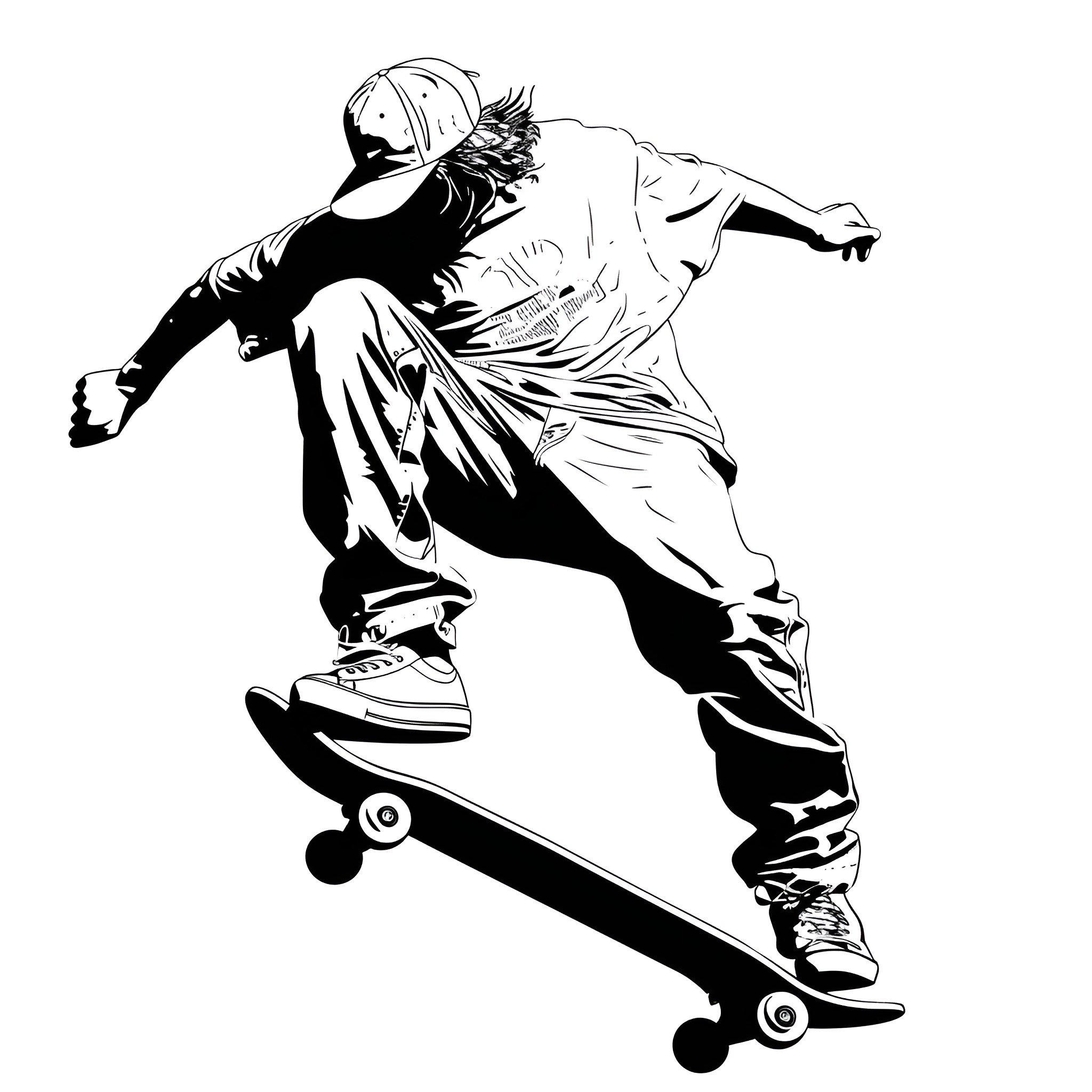 Cool Skateboarding Trick Demonstration Drawing Idea (free black-and-white line drawing printable PDF for all, from beginners to advanced learners, including children, teens, adults, and seniors)