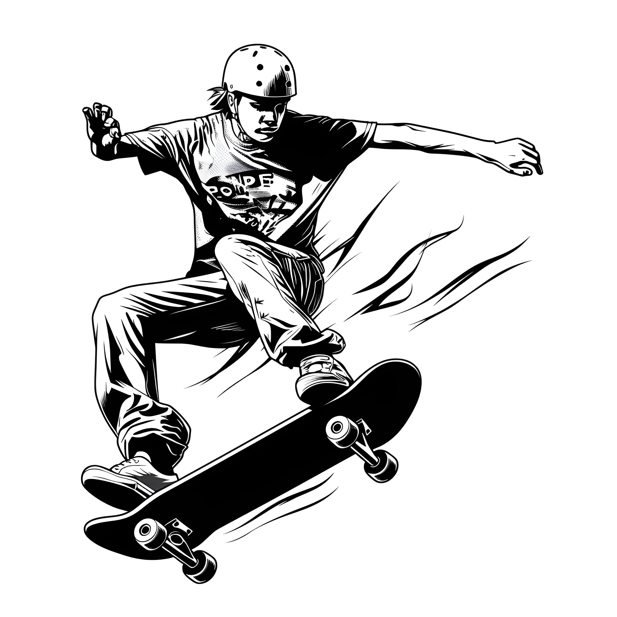 Cool Skateboarder Performing Trick Drawing Idea (free black-and-white line drawing printable PDF for all, from beginners to advanced learners, including children, teens, adults, and seniors)