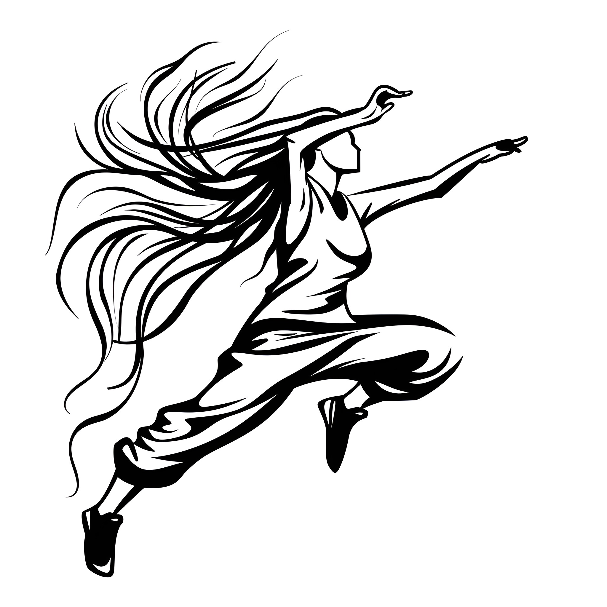 Cool Energetic Dancer in Motion Drawing Idea (free black-and-white line drawing printable PDF for all, from beginners to advanced learners, including children, teens, adults, and seniors)