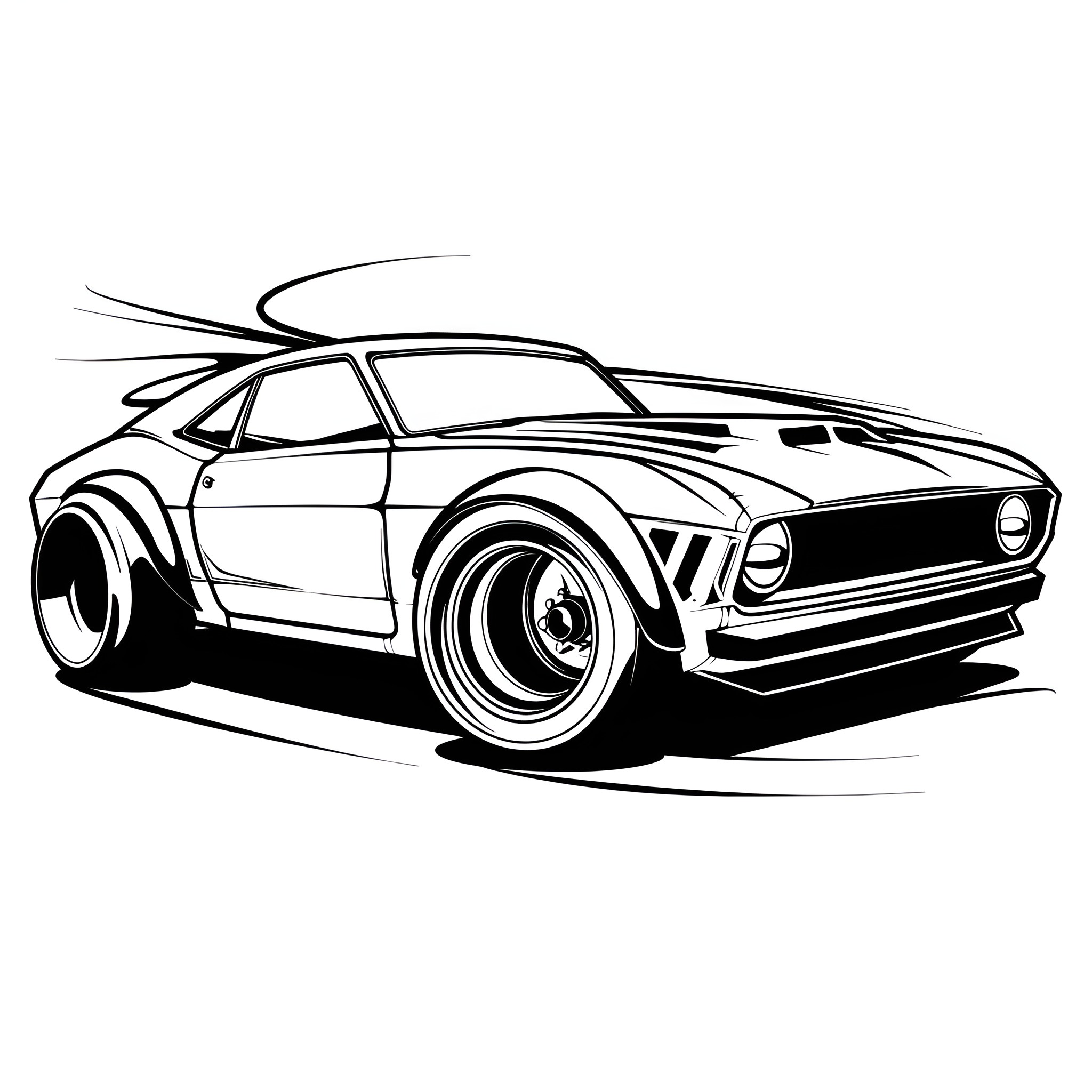 Cool Muscle Car Racing Graphics Drawing Idea (free black-and-white line drawing printable PDF for all, from beginners to advanced learners, including children, teens, adults, and seniors)