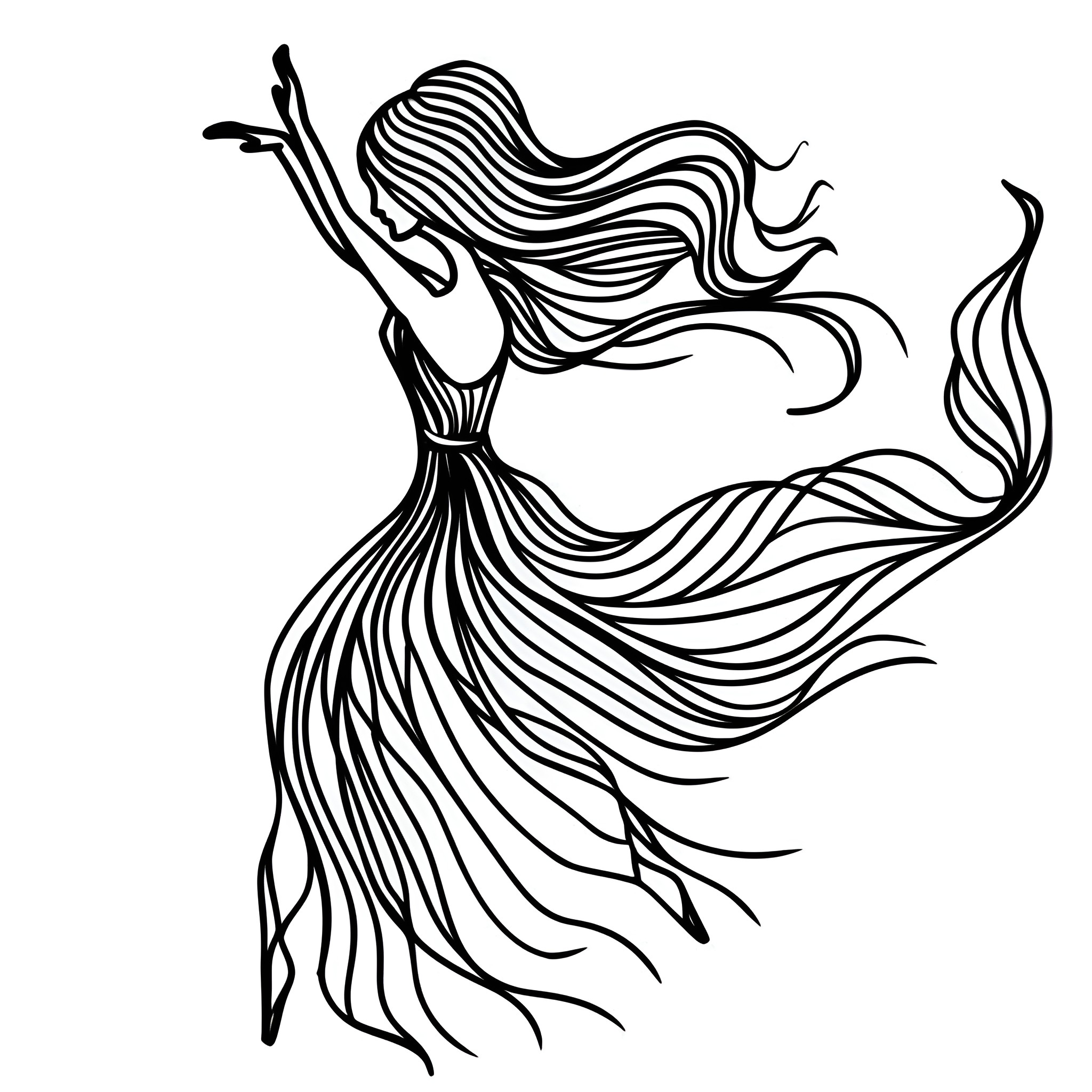 Cool Flowing Mermaid Dancer Drawing Idea (free black-and-white line drawing printable PDF for all, from beginners to advanced learners, including children, teens, adults, and seniors)