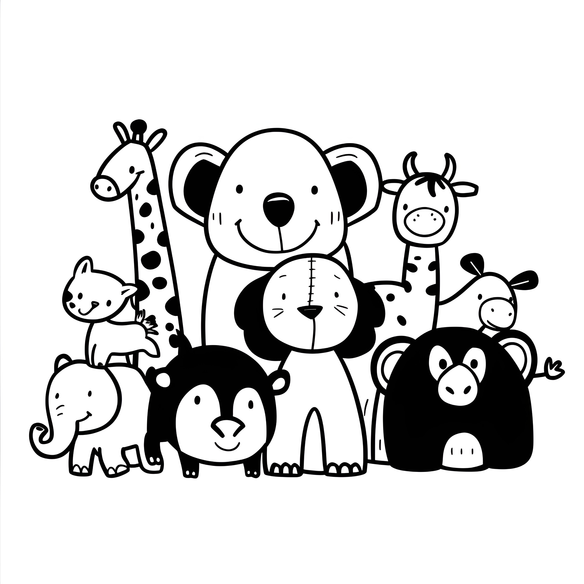Cool Whimsical Animal Characters Drawing Idea (free black-and-white line drawing printable PDF for all, from beginners to advanced learners, including children, teens, adults, and seniors)